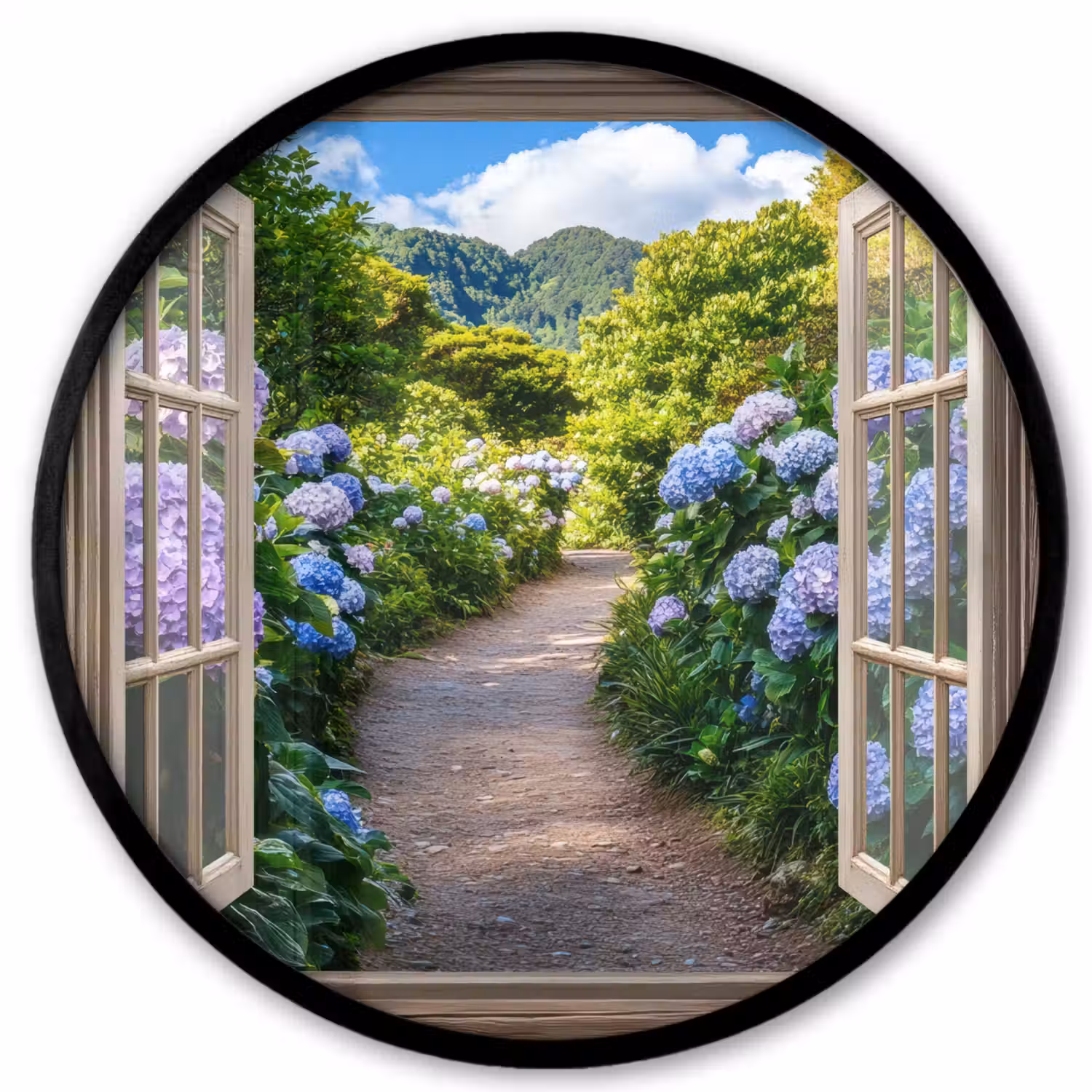 Doorkijk - Hortensia - Pad - Natuur Fotolijst rond zonder passe partout klein -3d
