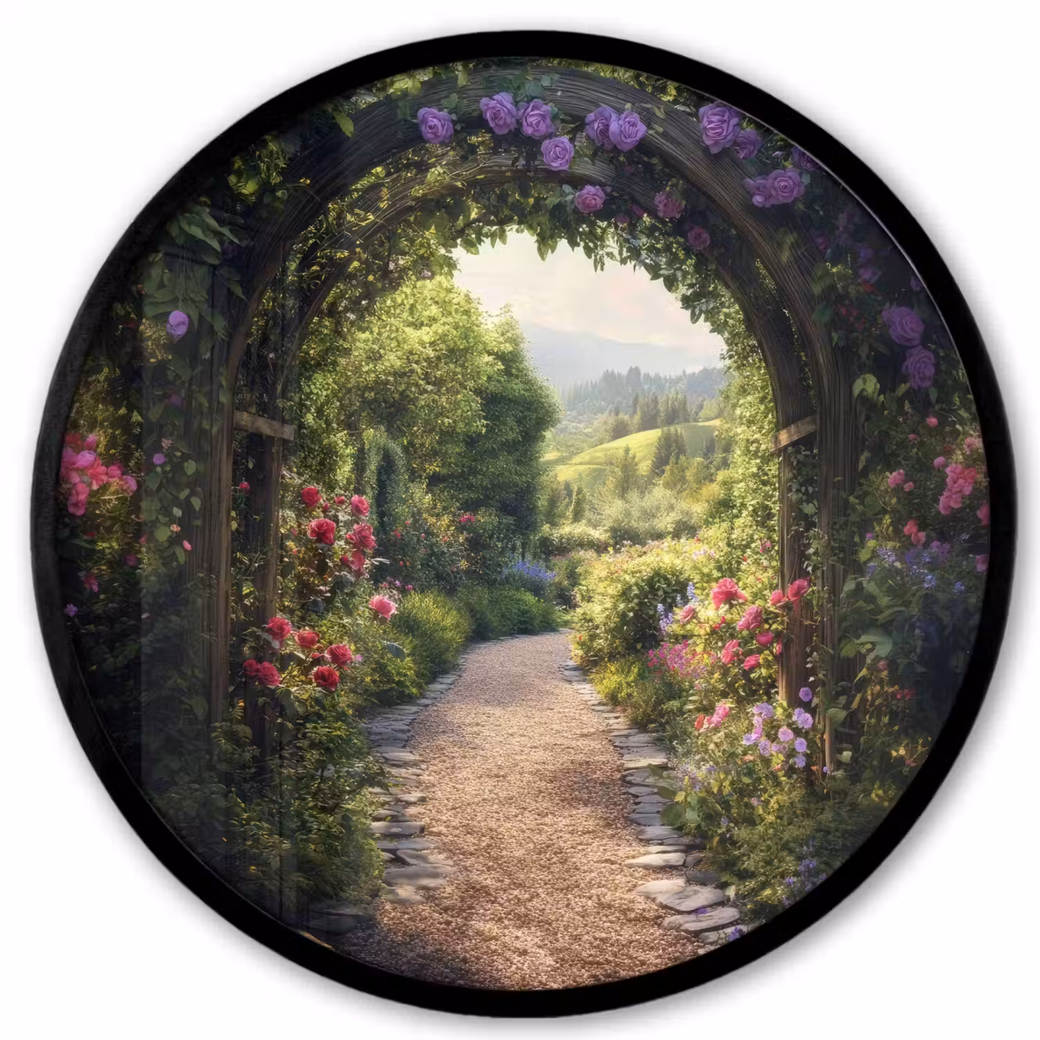 Doorkijk - Landschap - Bloemen - Tuinboog - Natuur Fotolijst rond zonder passe partout klein -3d