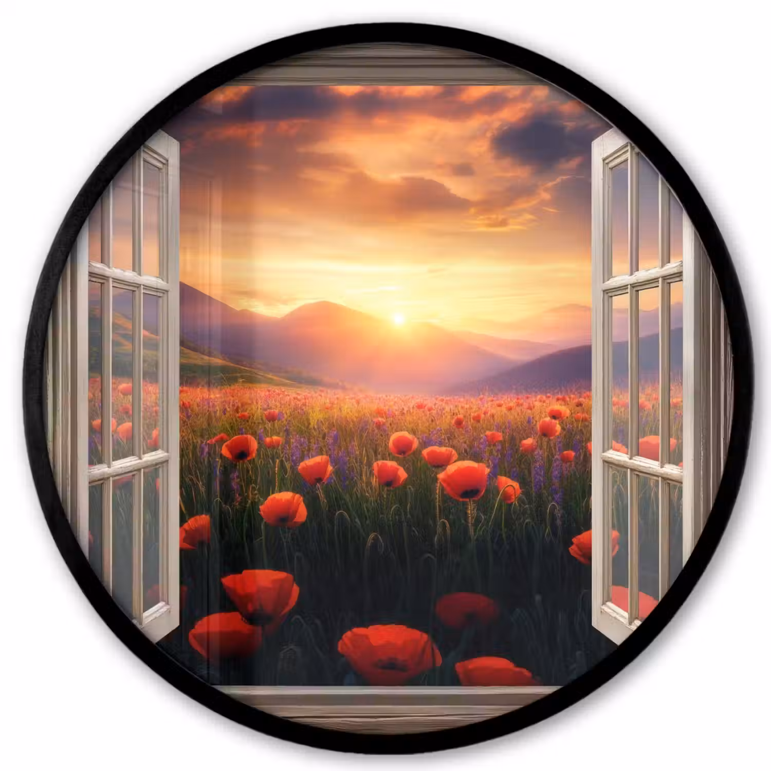 Doorkijk - Klaprozen - Bloemen - Rood - Open raam Fotolijst rond zonder passe partout klein -3d