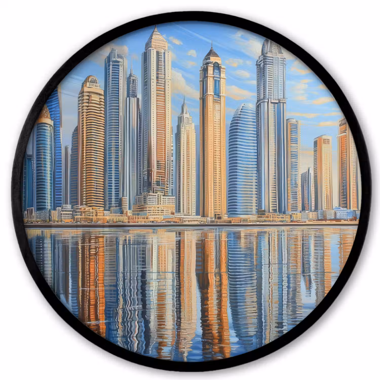 Skyline - Wolkenkrabbers - Water - Blauw Fotolijst rond zonder passe partout klein -3d