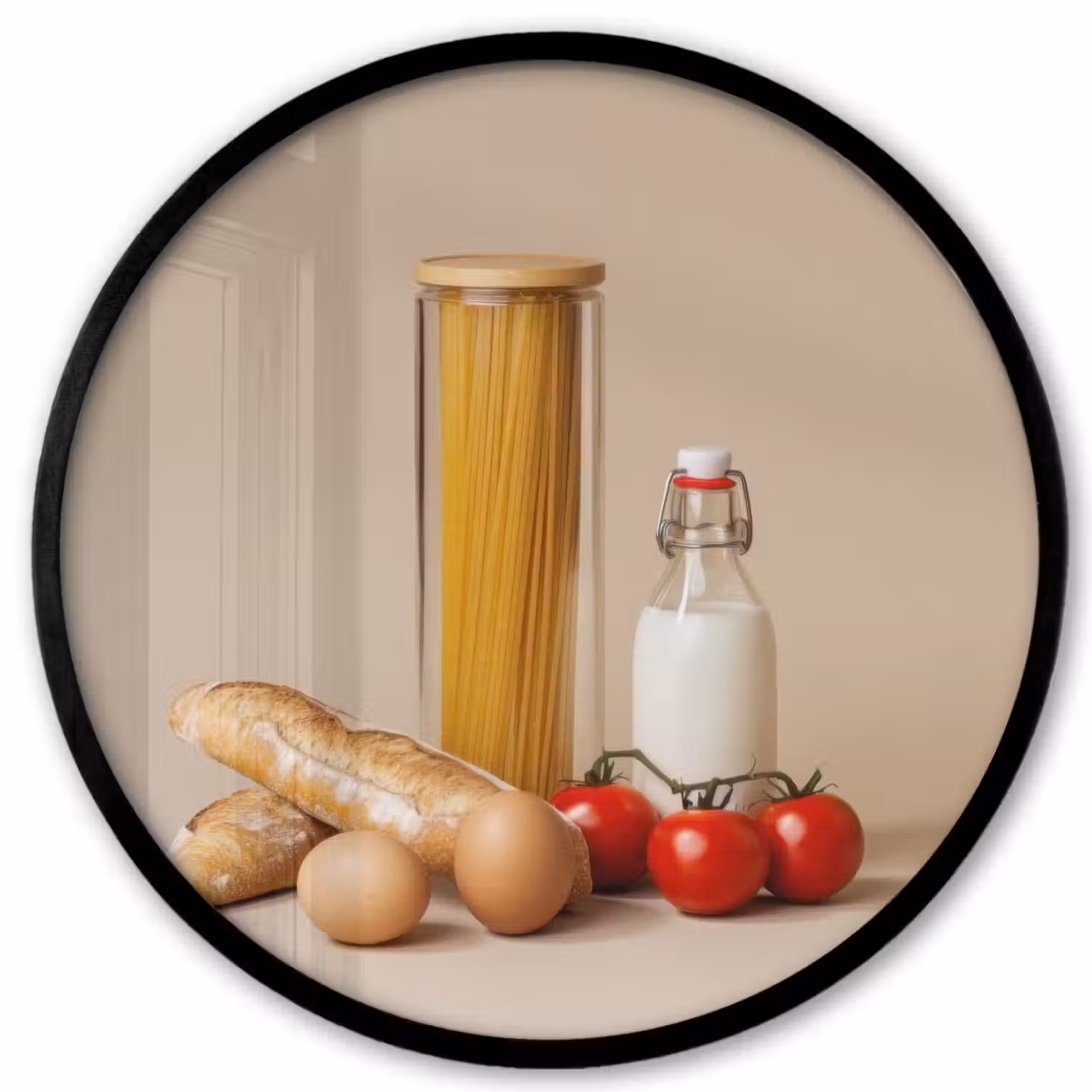 Spaghetti - Melk - Tomaten - Eieren - Brood Fotolijst rond zonder passe partout klein -3d