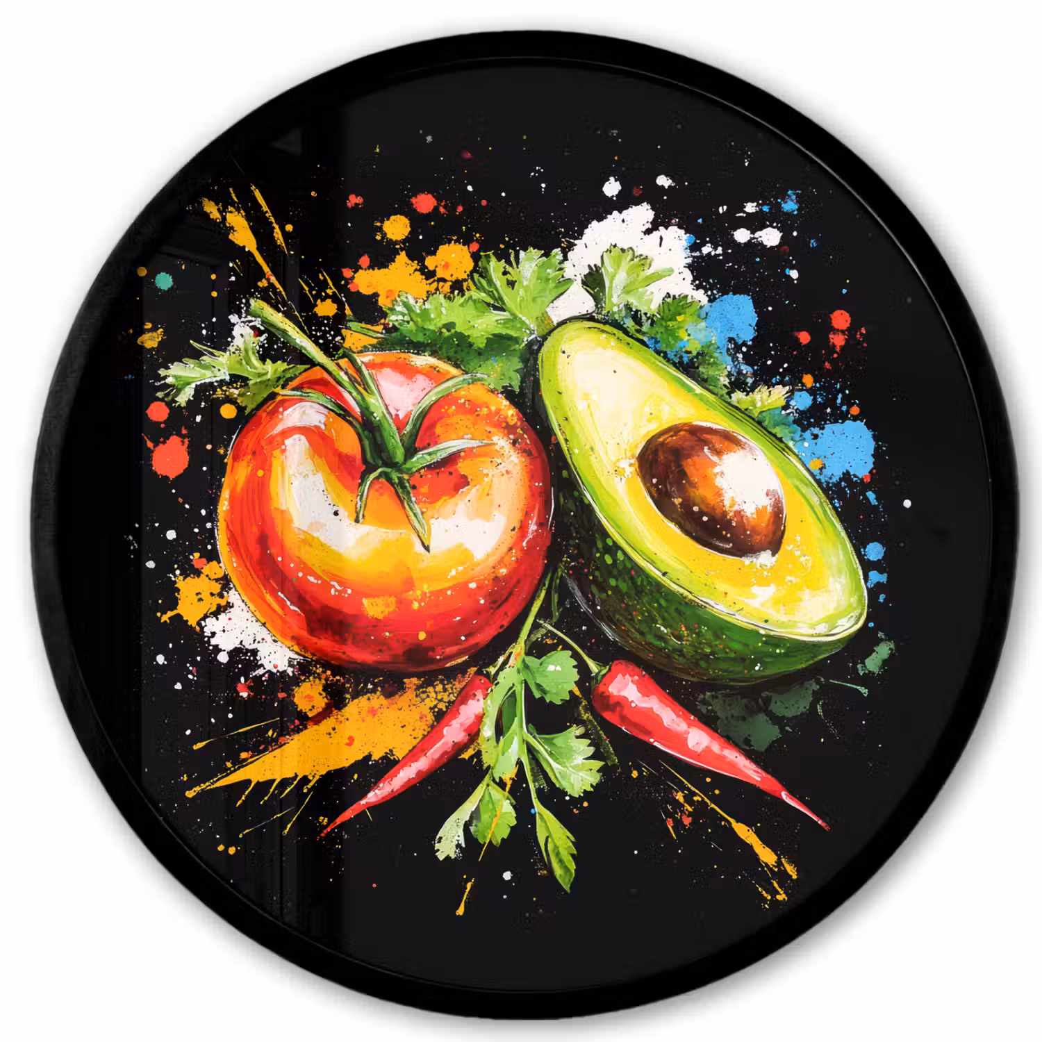 Tomaat - Avocado - Peper - Graffiti - Verf - Modern Fotolijst rond zonder passe partout klein -3d