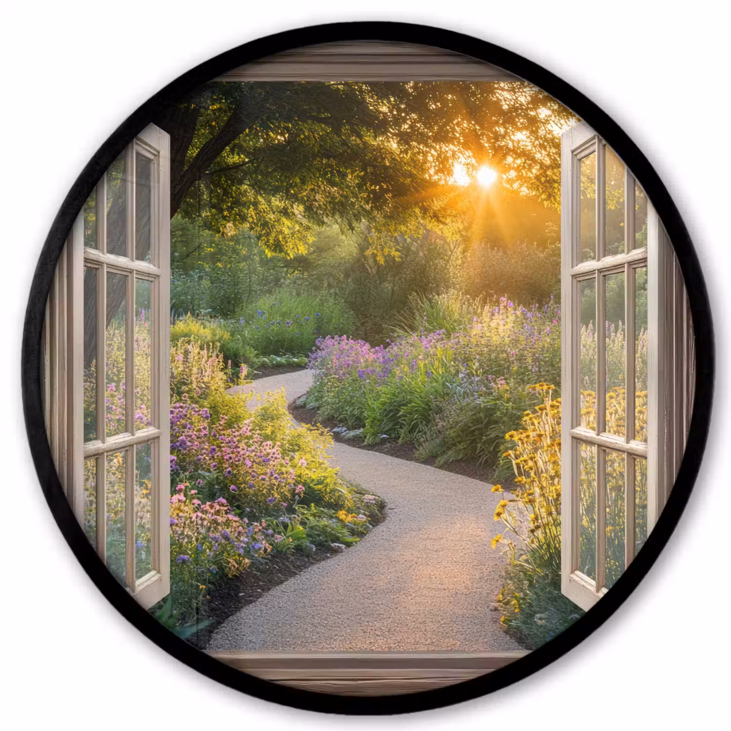 Doorkijk - Bloemen - Natuur - Zon - Pad Fotolijst rond zonder passe partout klein -3d