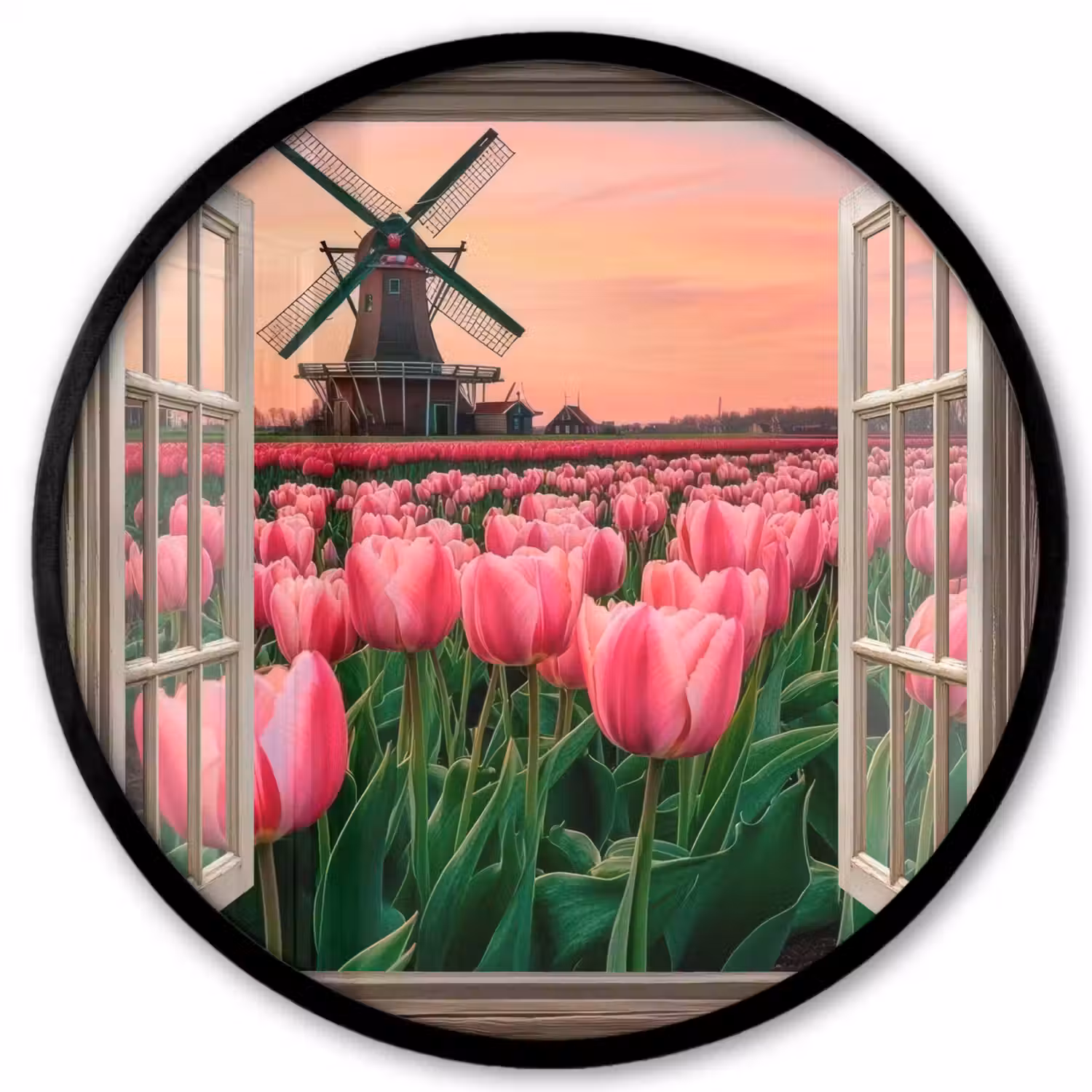 Doorkijk - Tulpen - Bloemen - Molen - Raam Fotolijst rond zonder passe partout klein -3d