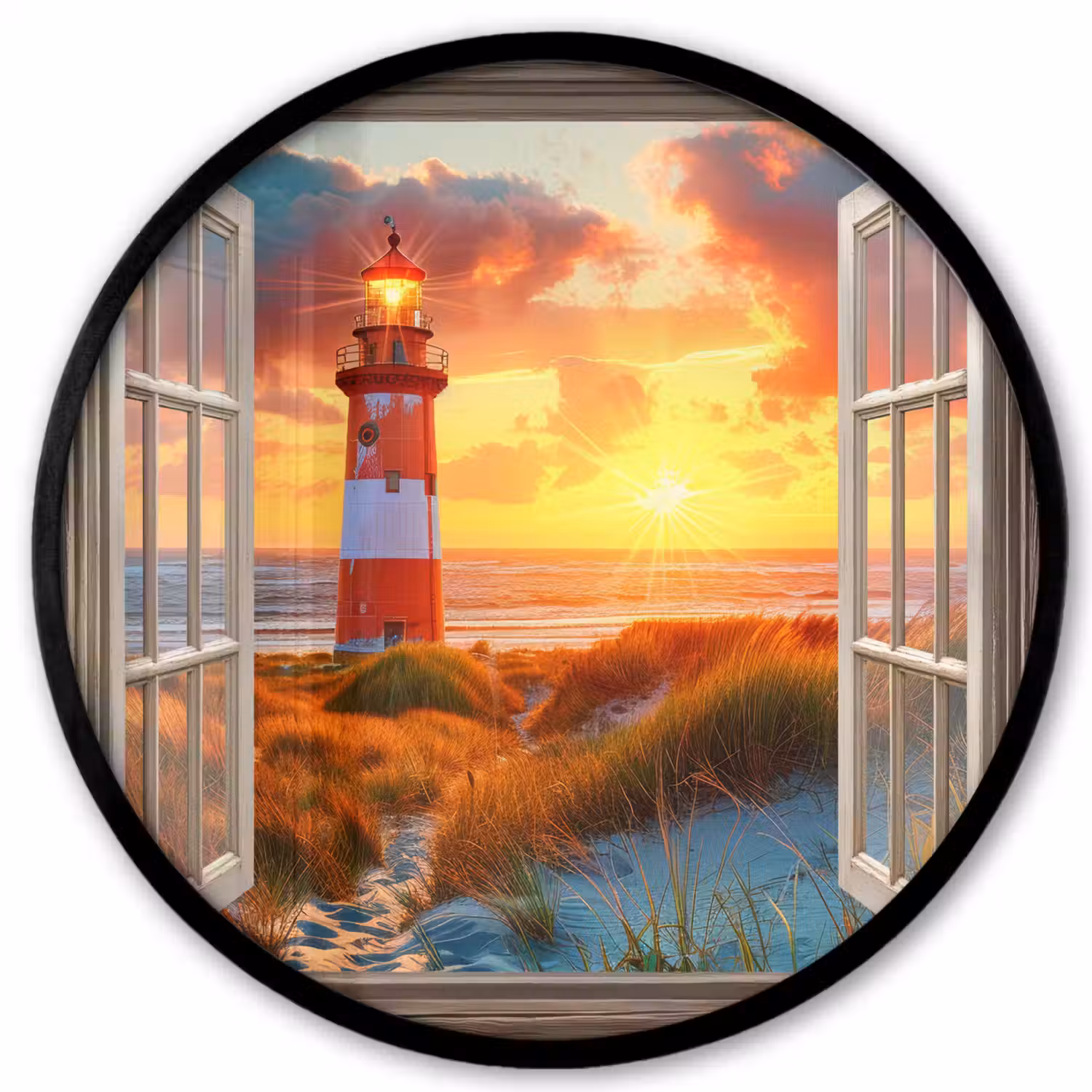 Doorkijk - Raam - Vuurtoren - Zonsondergang - Strand Fotolijst rond zonder passe partout klein -3d