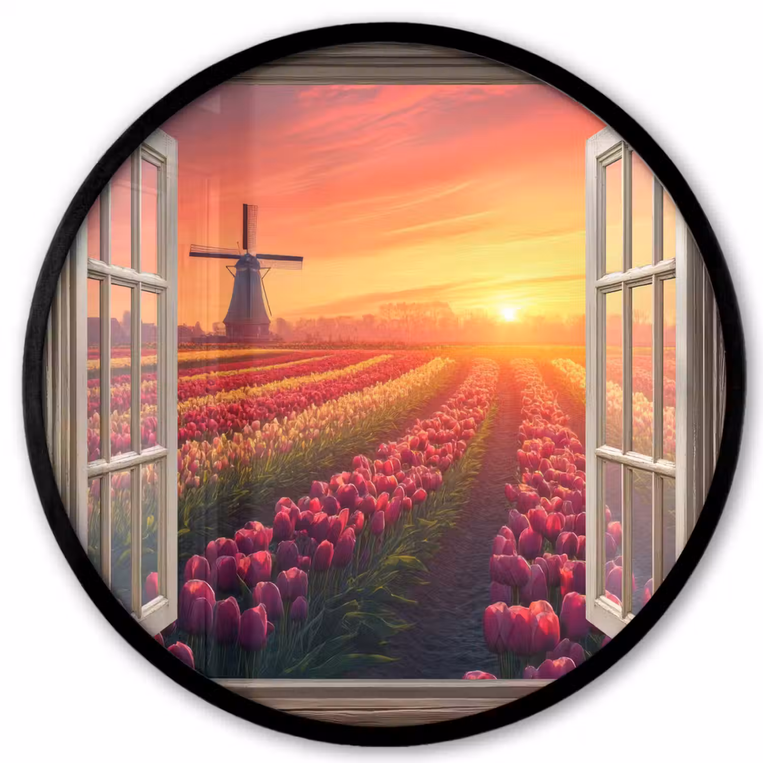 Doorkijk - Tulpen - Zonsondergang - Bloemen - Kleurrijk Fotolijst rond zonder passe partout klein -3d