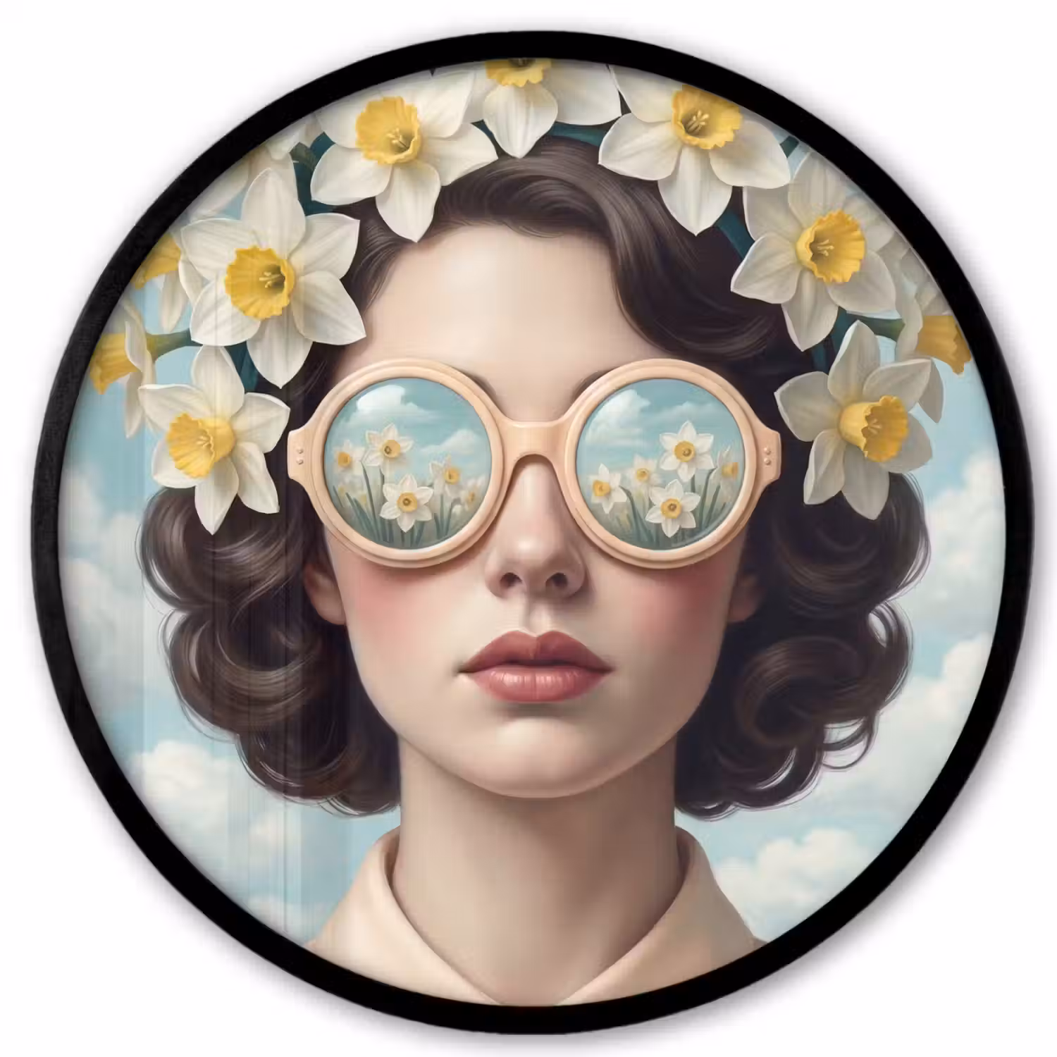 Vrouw - Narcissen - Geel Fotolijst rond zonder passe partout klein -3d
