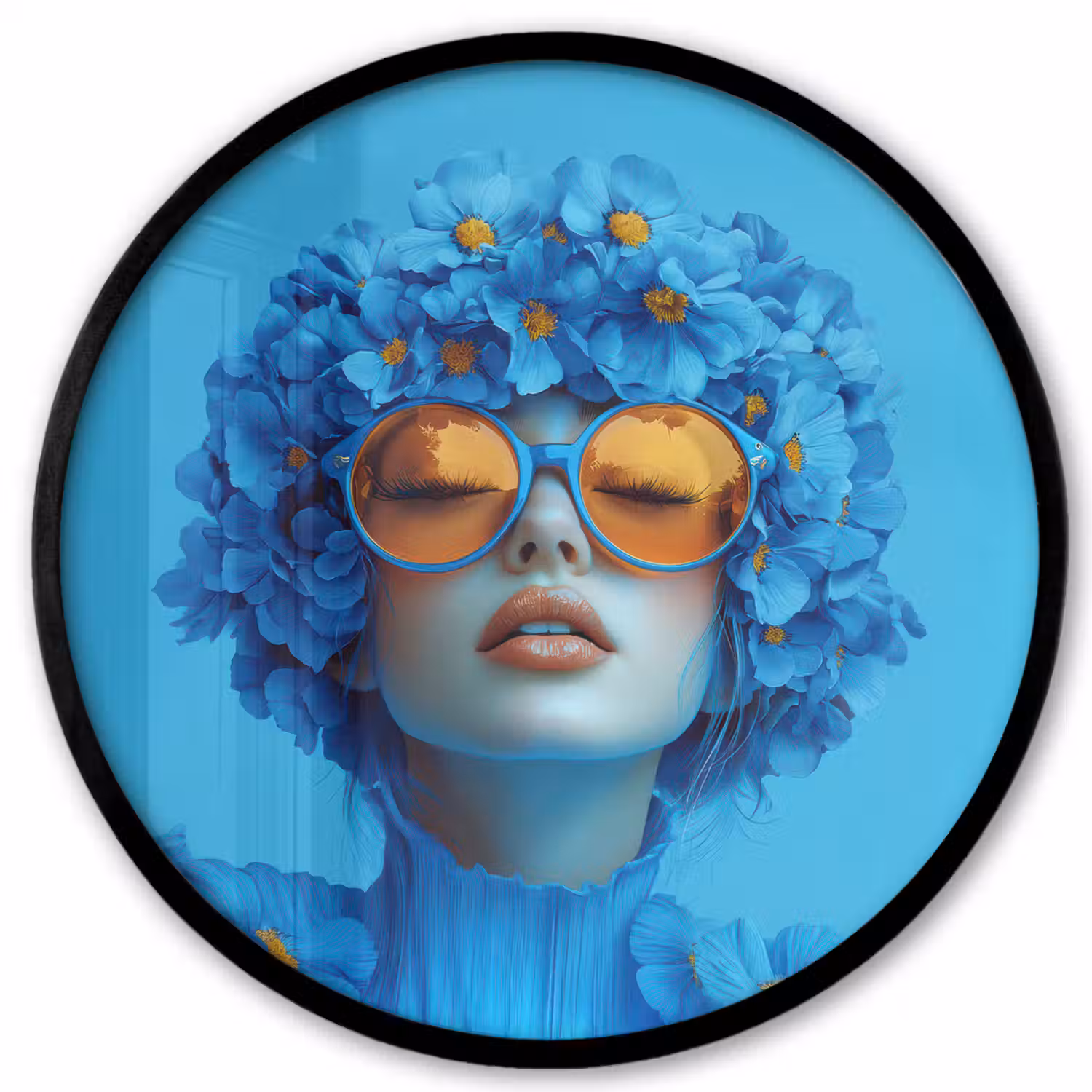 Vrouw - Bloem - Blauw - Modern - Bril - Portret Fotolijst rond zonder passe partout klein -3d