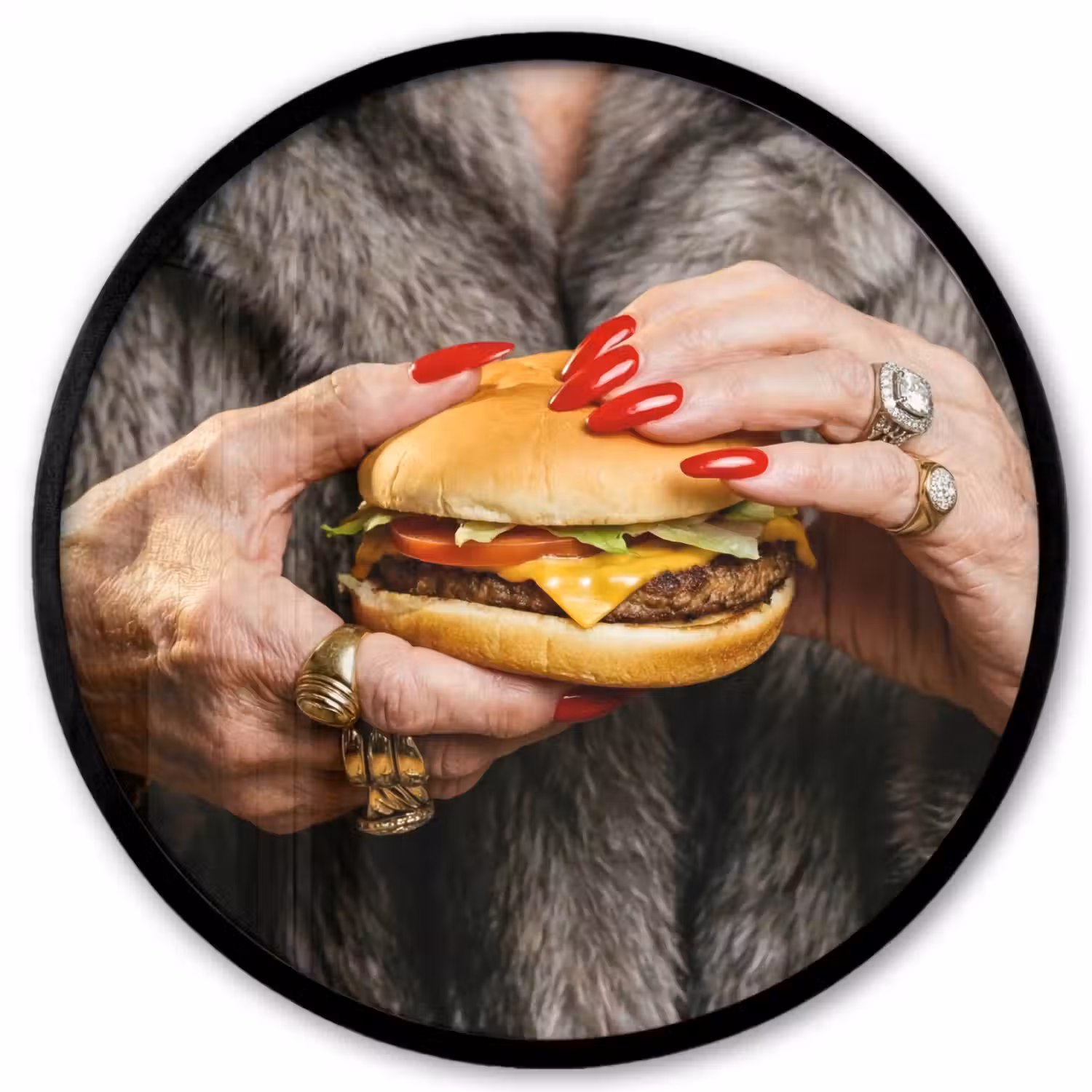 Vrouw - Hamburger - Bontjas Fotolijst rond zonder passe partout klein -3d