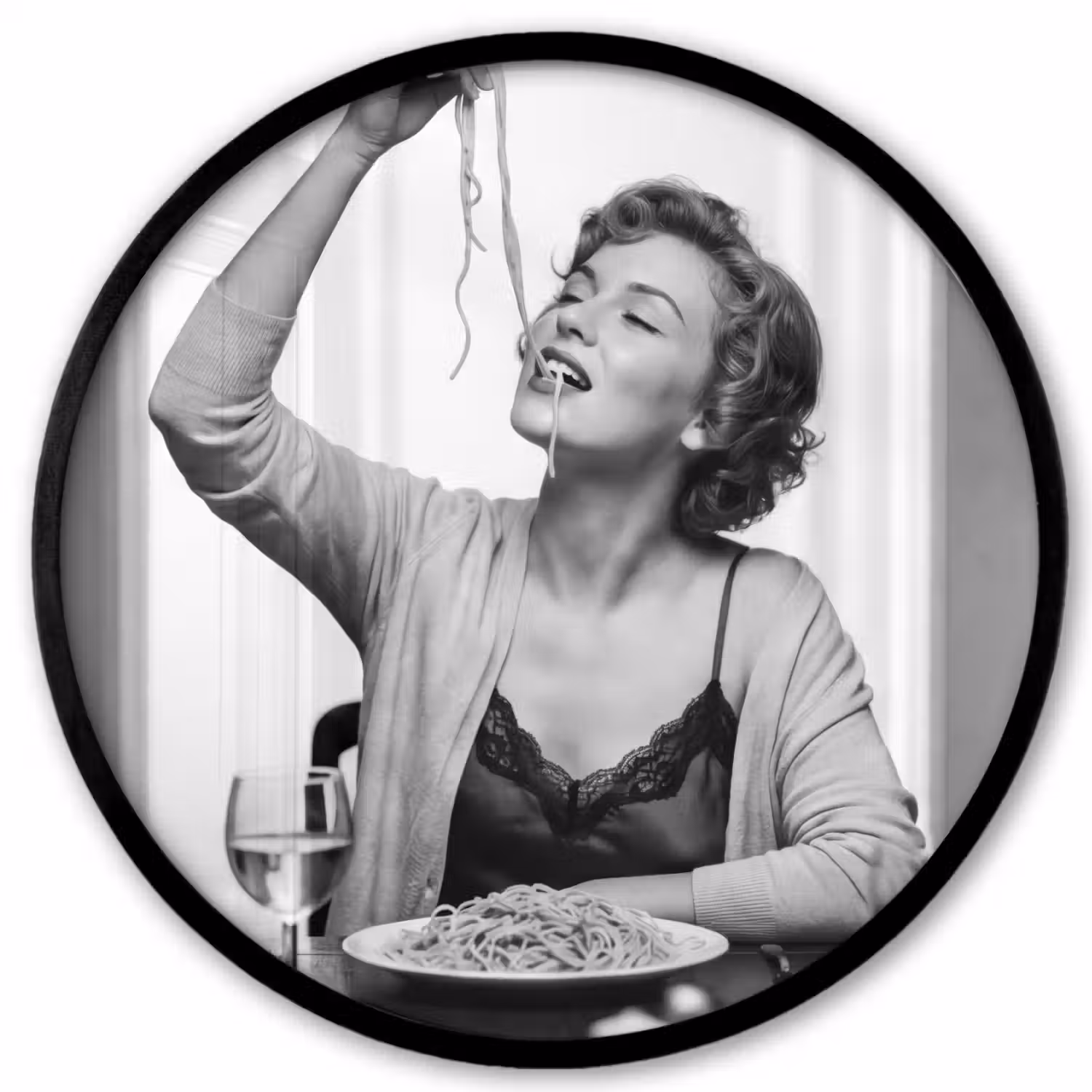 Vrouw - Spaghetti - Zwart - Wit Fotolijst rond zonder passe partout klein -3d