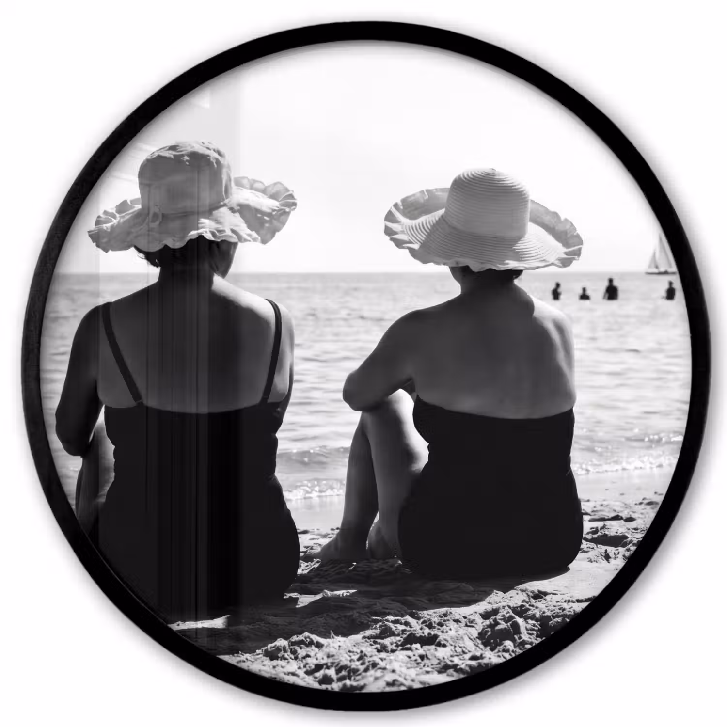 Vrouwen - Zonnehoed - Strand - Zwart - Wit Fotolijst rond zonder passe partout klein -3d