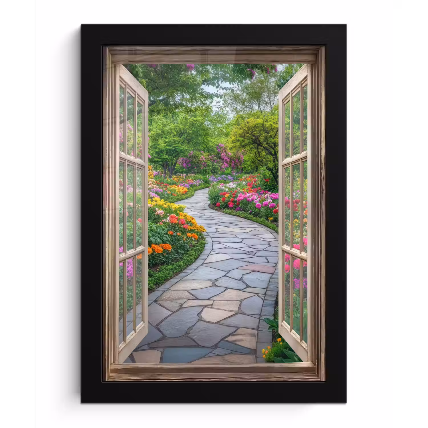 Doorkijk - Bloemen - Tuinpad - Natuur - Raam fotolijst zwart zonder passe partout klein -3d