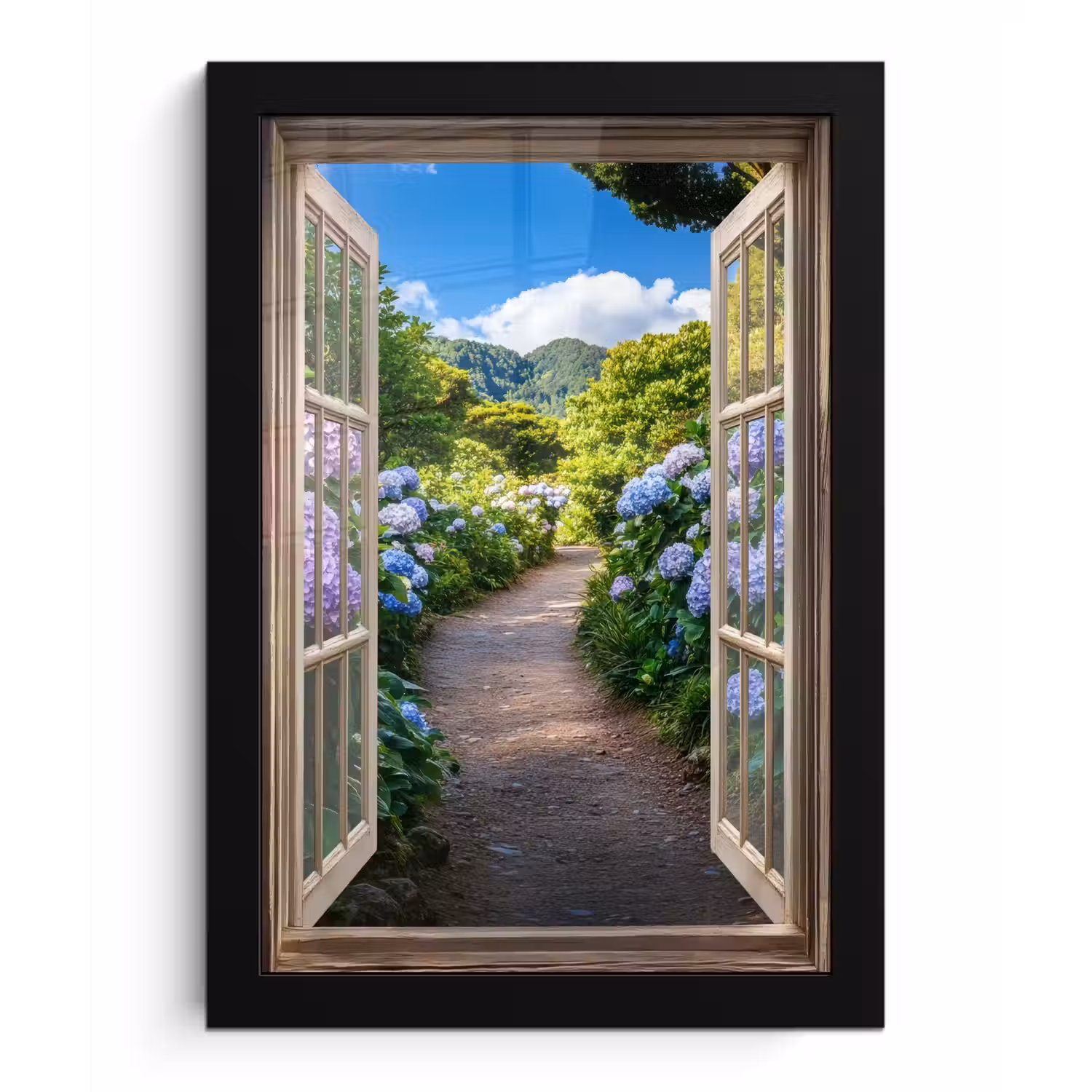Doorkijk - Hortensia - Pad - Natuur fotolijst zwart zonder passe partout klein -3d
