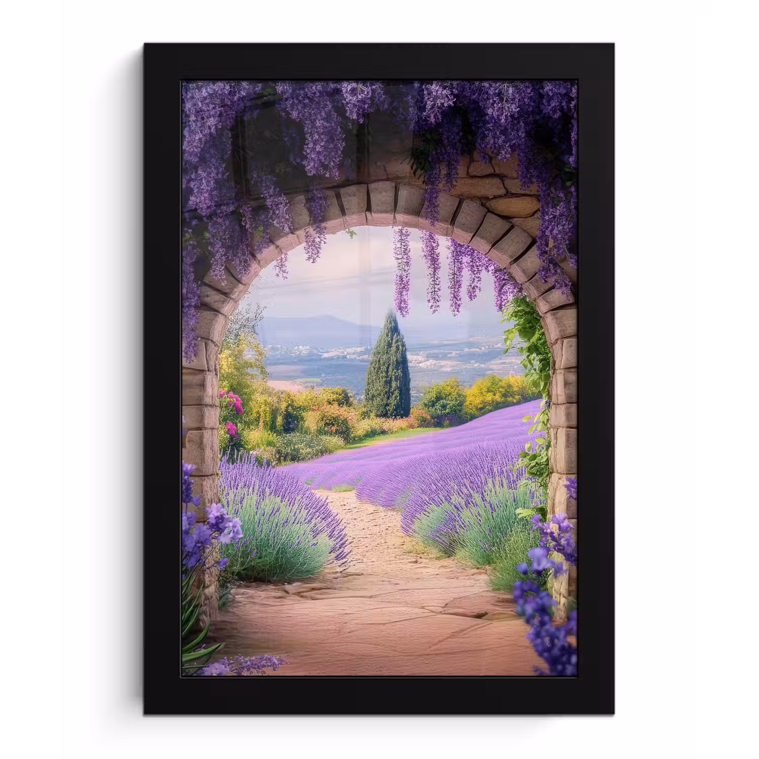 Doorkijk - Lavendel - Bloemen - Paars - Poort fotolijst zwart zonder passe partout klein -3d