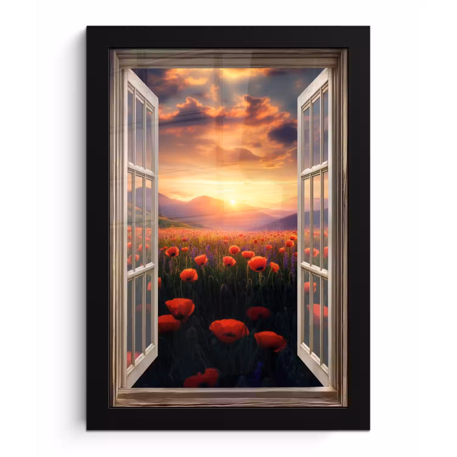 Doorkijk - Klaprozen - Bloemen - Rood - Open raam fotolijst zwart zonder passe partout klein -3d