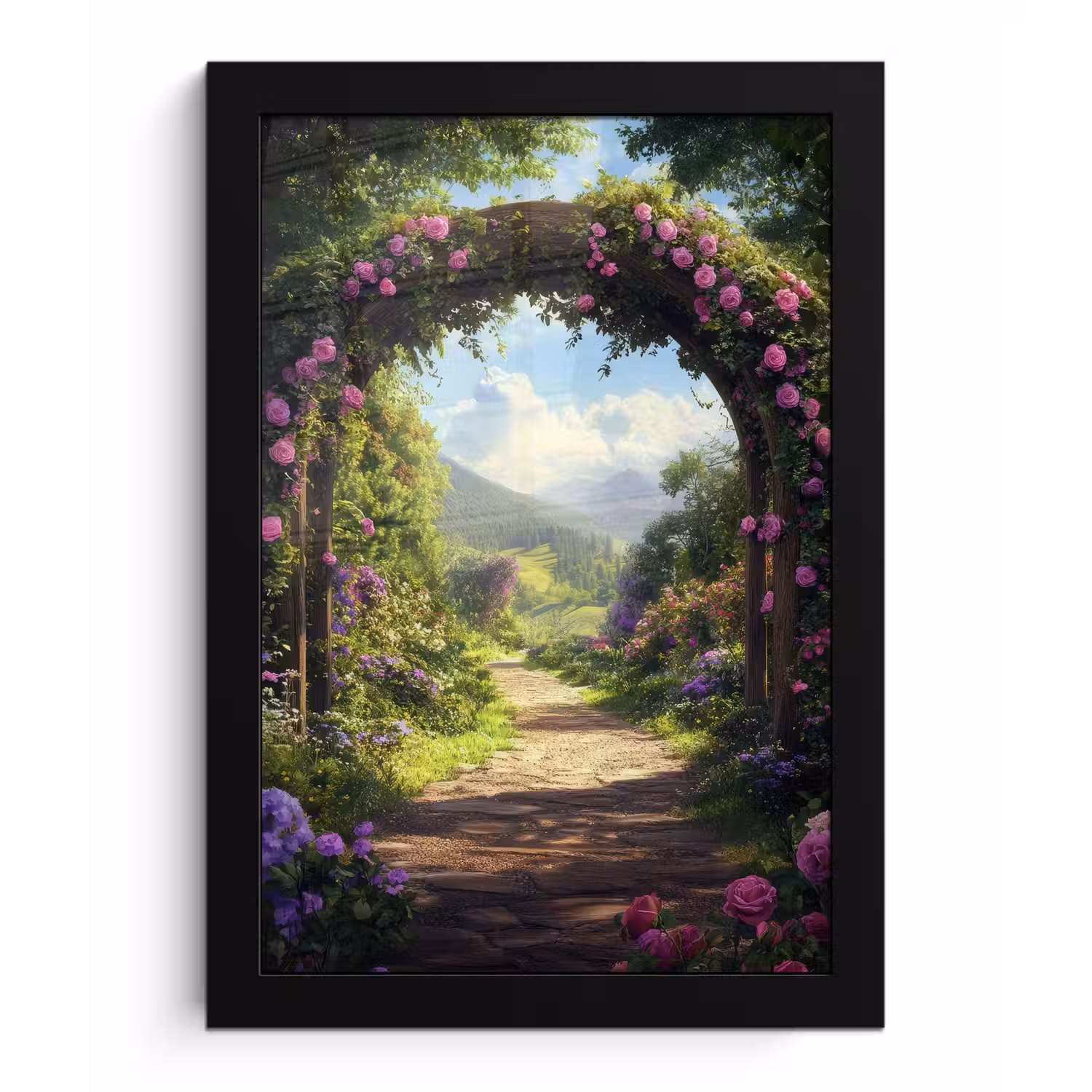 Doorkijk - Rozenboog - Uitzicht - Landschap - Bloemen fotolijst zwart zonder passe partout klein -3d