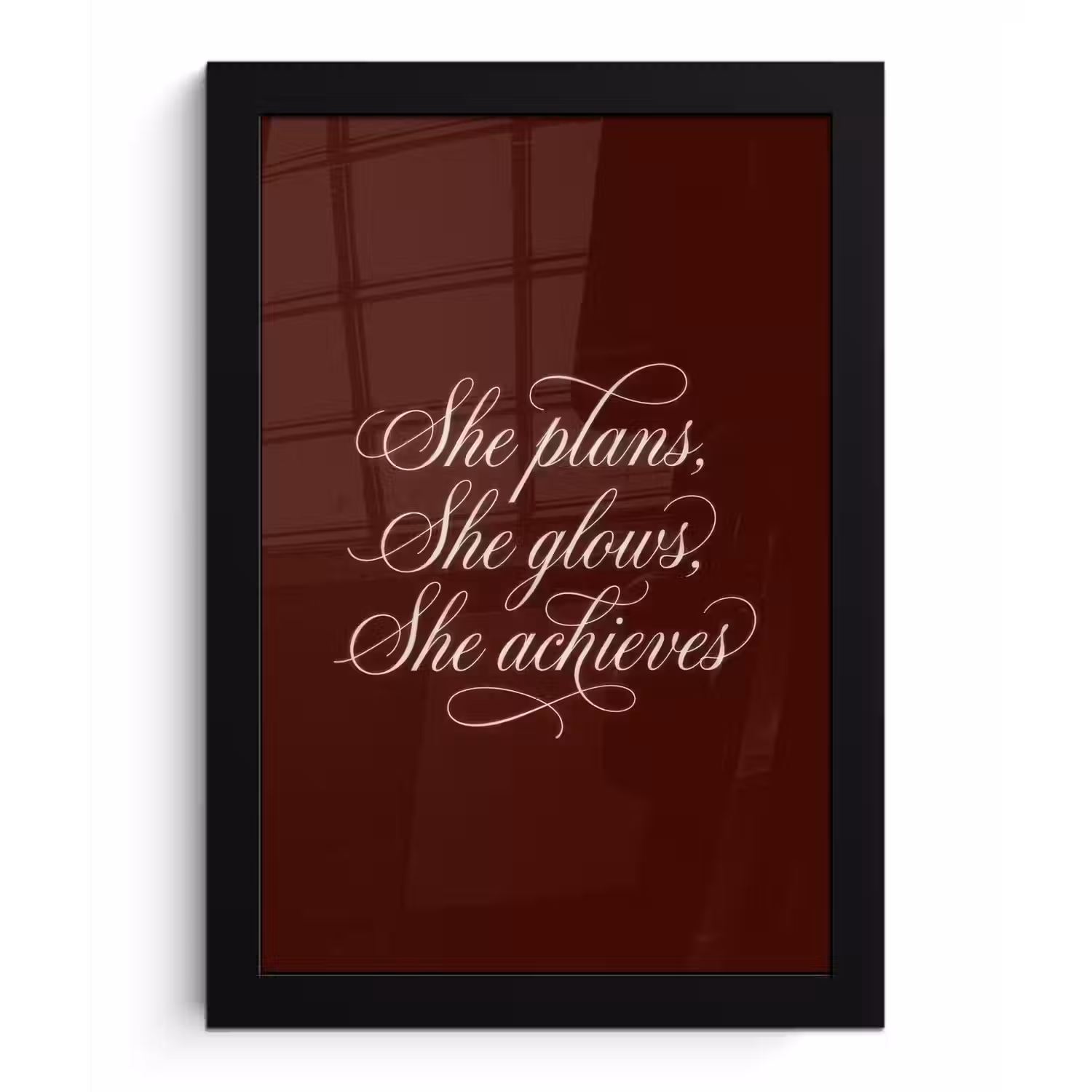 She plans she glows she achieves - Rood - Cursief fotolijst zwart zonder passe partout klein -3d