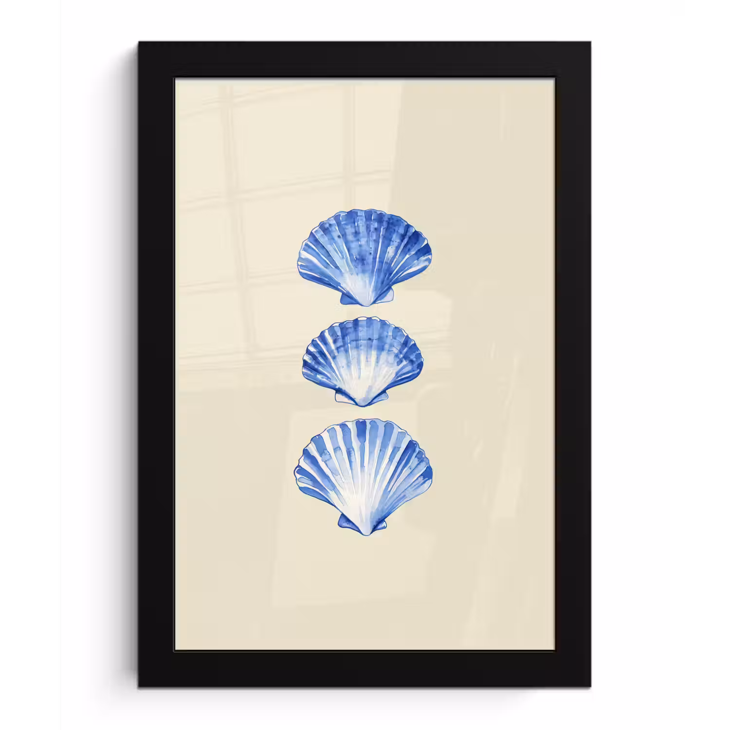 Schelpen - Blauw - Beige fotolijst zwart zonder passe partout klein -3d