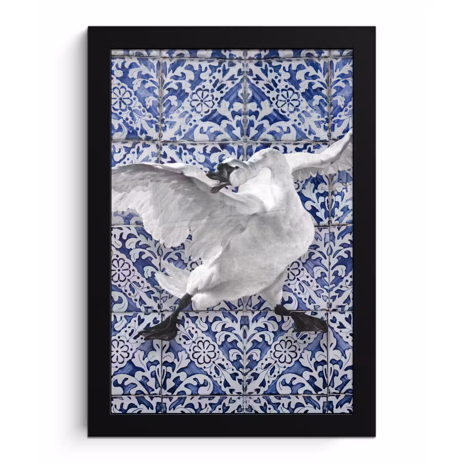 Zwaan - Kunst - Delfts blauw - Schilderij - Oude meesters fotolijst zwart zonder passe partout klein -3d