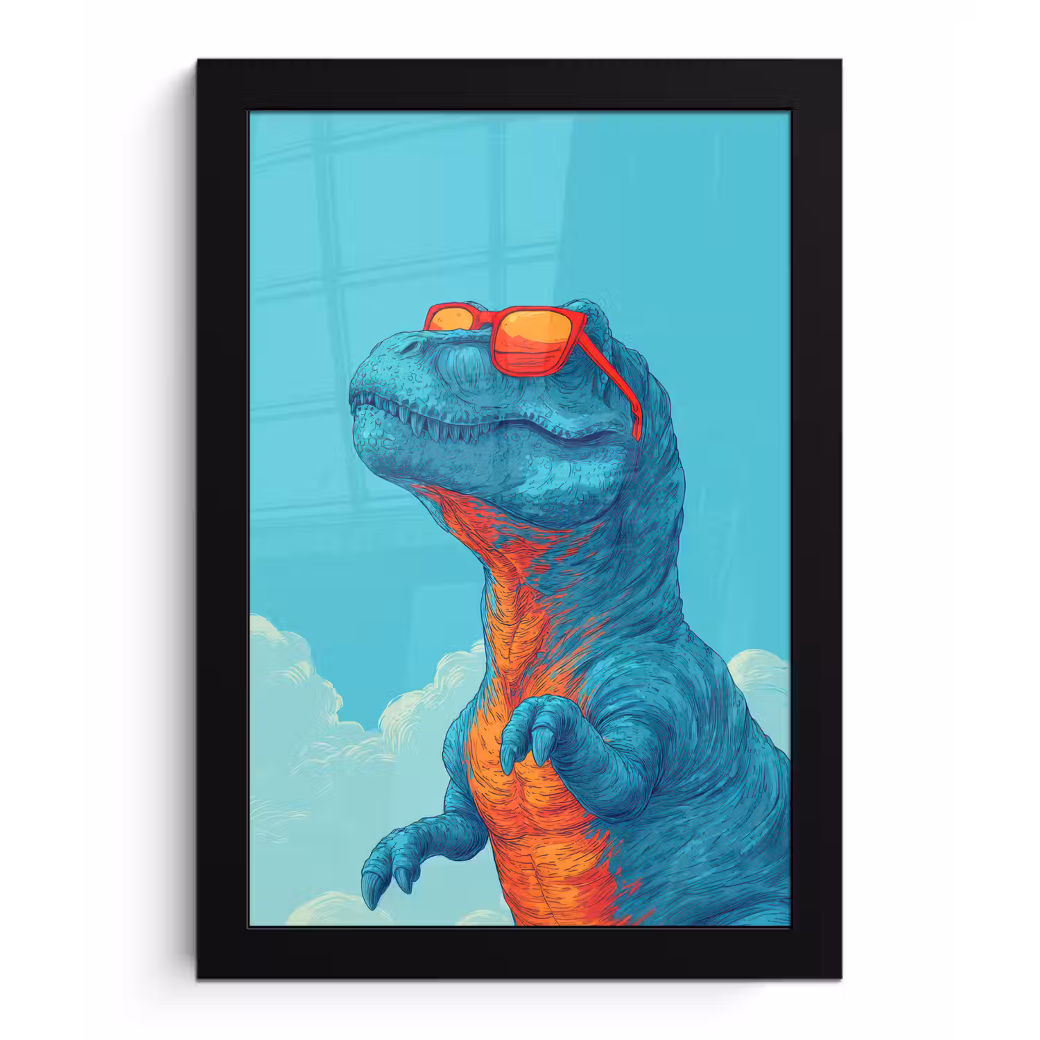 T-Rex - Blauw - Wolken - Zonnebril fotolijst zwart zonder passe partout klein -3d