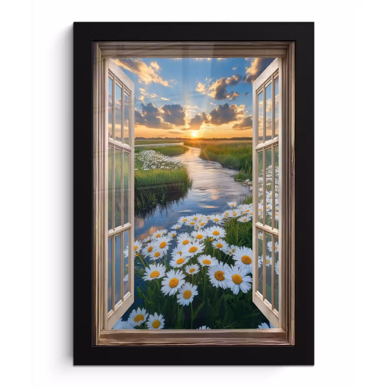 Doorkijk - Landschap - Raam - Water - Zonsondergang fotolijst zwart zonder passe partout klein -3d