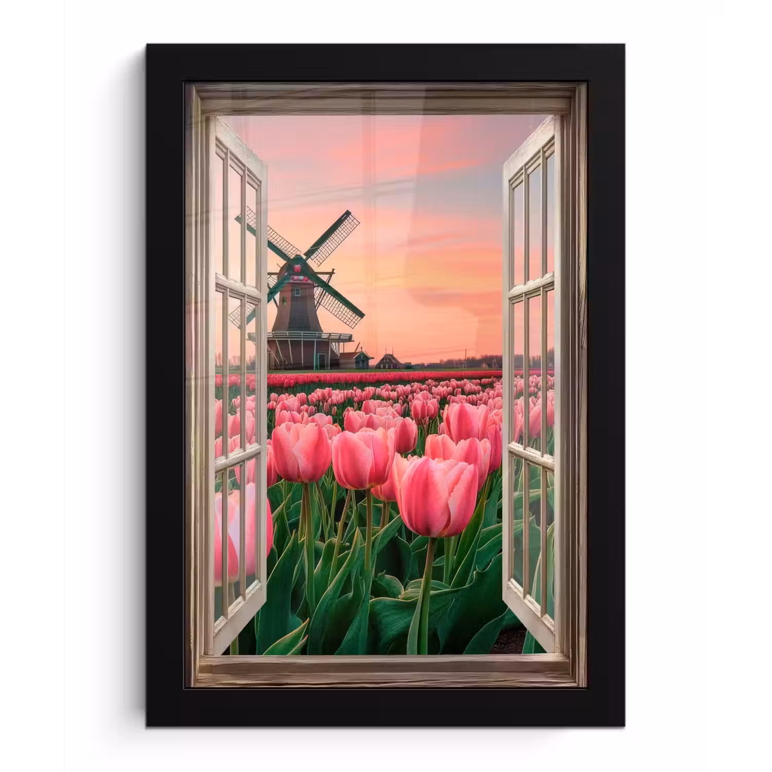 Doorkijk - Tulpen - Bloemen - Molen - Raam fotolijst zwart zonder passe partout klein -3d