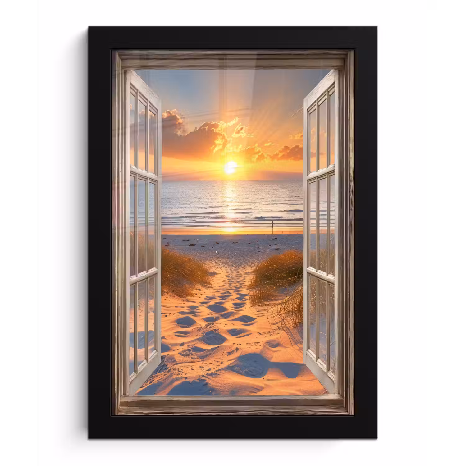 Doorkijk - Strand - Duinen - Zonsondergang fotolijst zwart zonder passe partout klein -3d