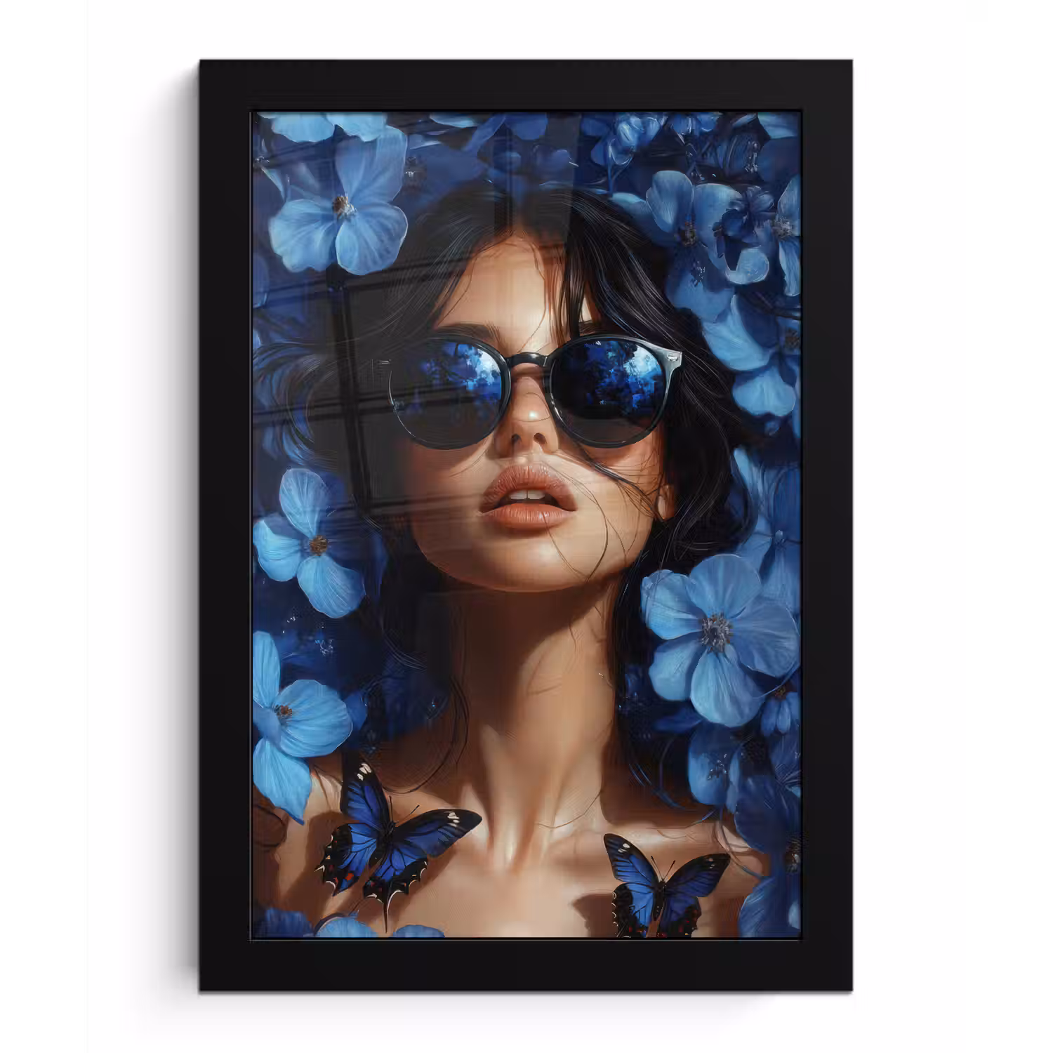 Vrouw - Blauw - Bloemen - Vlinders - Natuur fotolijst zwart zonder passe partout klein -3d