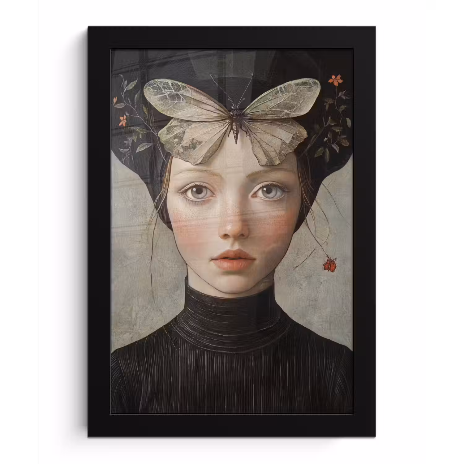 Woman - Butterfly - Art - Classic - Muted fotolijst zwart zonder passe partout klein -3d