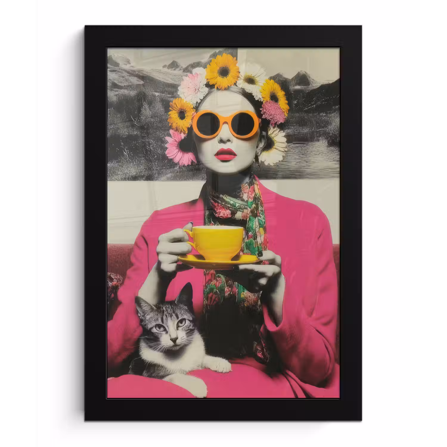 Vrouw - Kat - Bloemen - Kopje - Retro fotolijst zwart zonder passe partout klein -3d