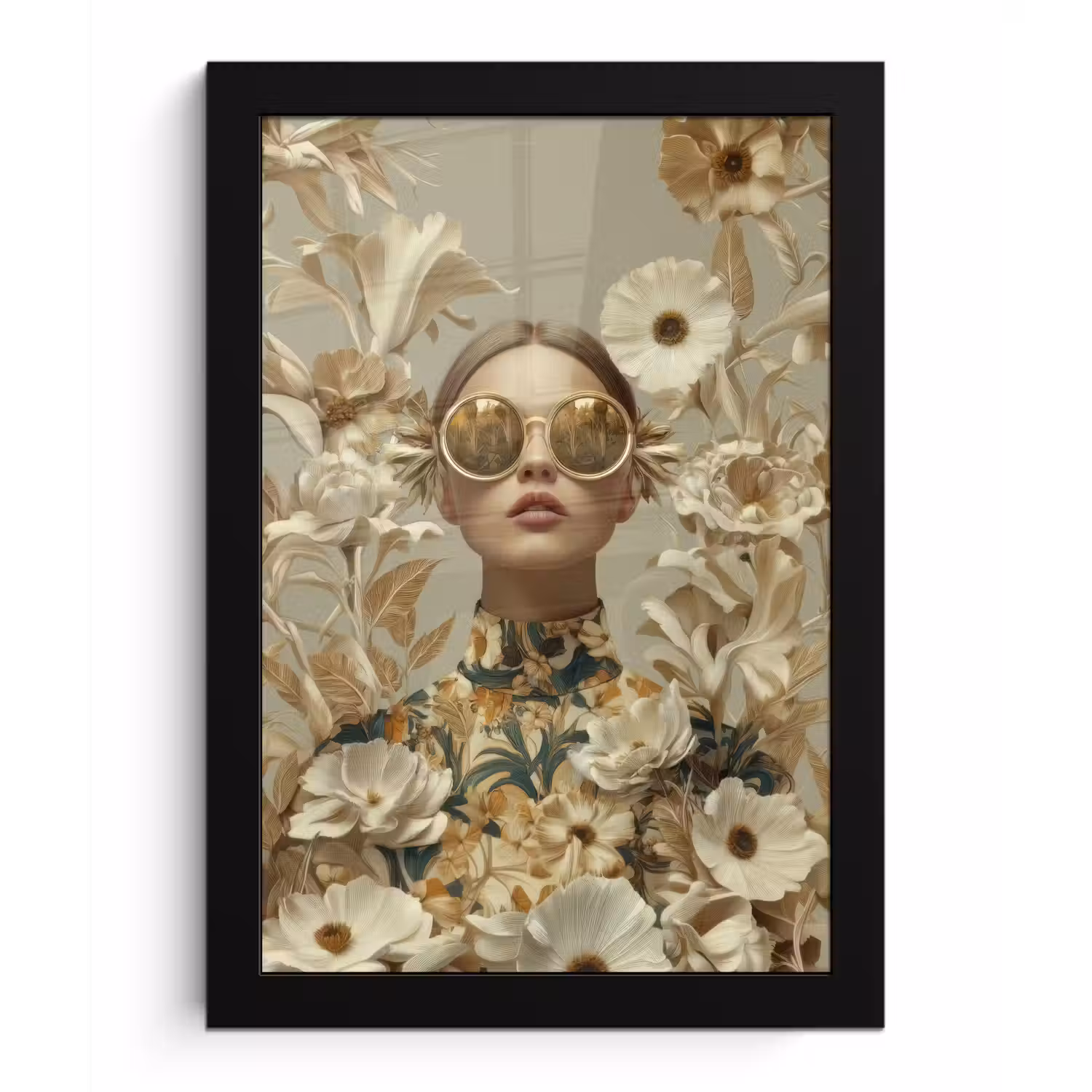 Vrouw - Bloemen - Zonnebril - Wit fotolijst zwart zonder passe partout klein -3d
