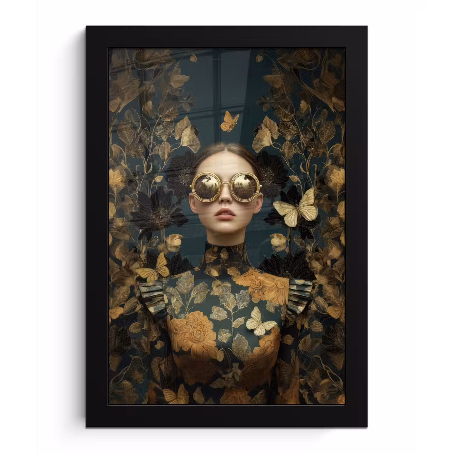 Vrouw - Bladeren - Goud - Vlinders fotolijst zwart zonder passe partout klein -3d