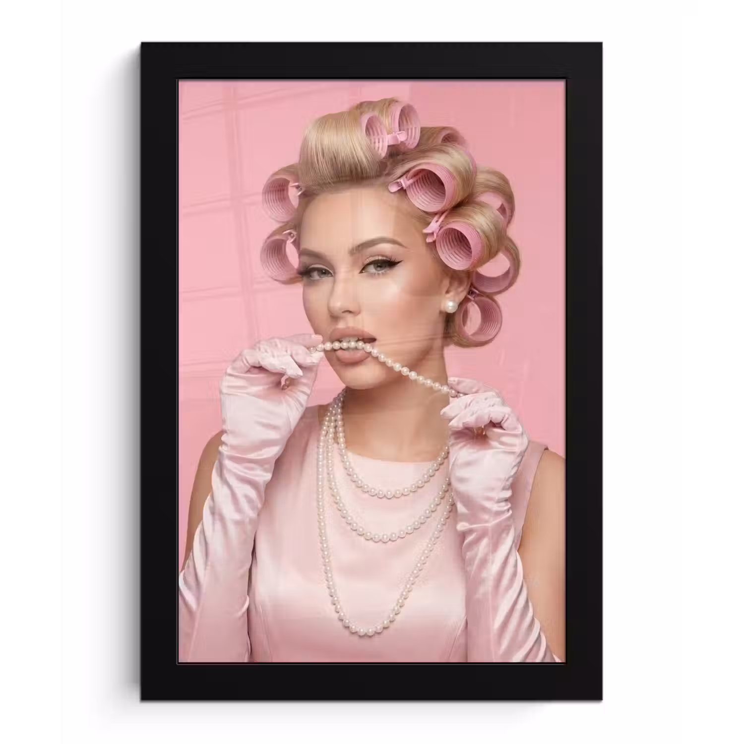 Vrouw - Roze - Parelketting - Krulspelden fotolijst zwart zonder passe partout klein -3d