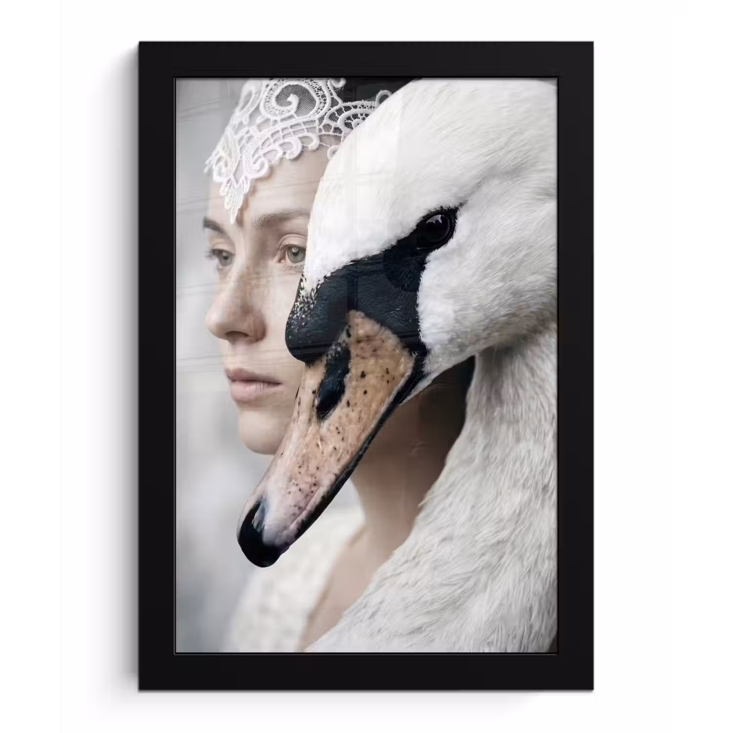 Vrouw - Zwaan - Wit fotolijst zwart zonder passe partout klein -3d