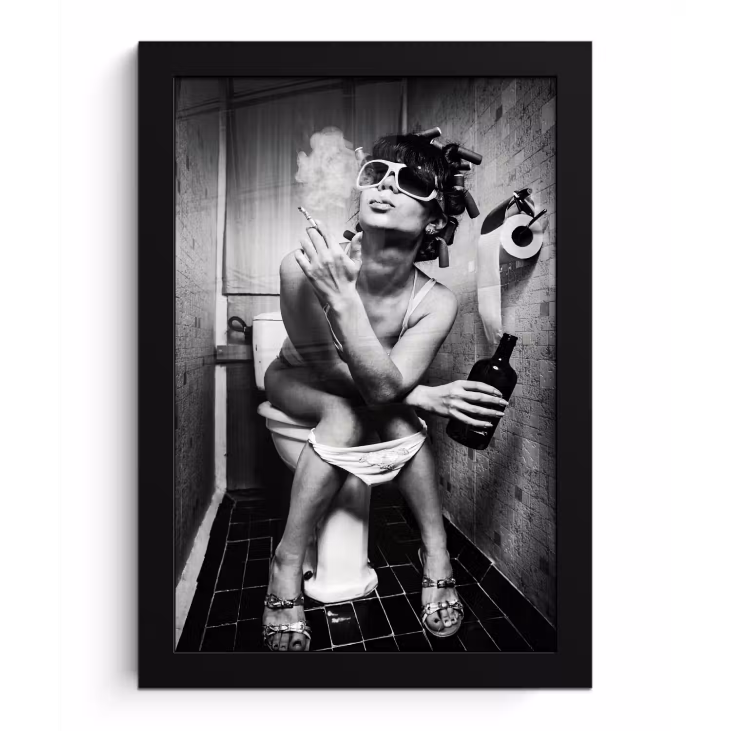 Vrouw - Vintage - Krulspelden - Toilet - Sigaret fotolijst zwart zonder passe partout klein -3d