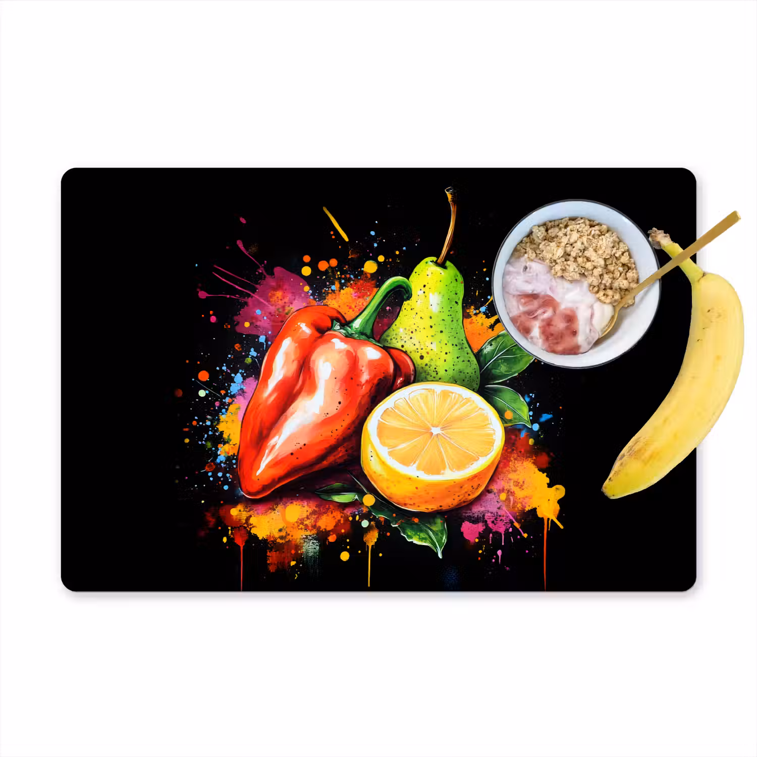 Paprika - Peer - Citroen - Graffiti - Verf - Abstract Placemat vinyl groot -zzzproduct_Kitchenyeah-website