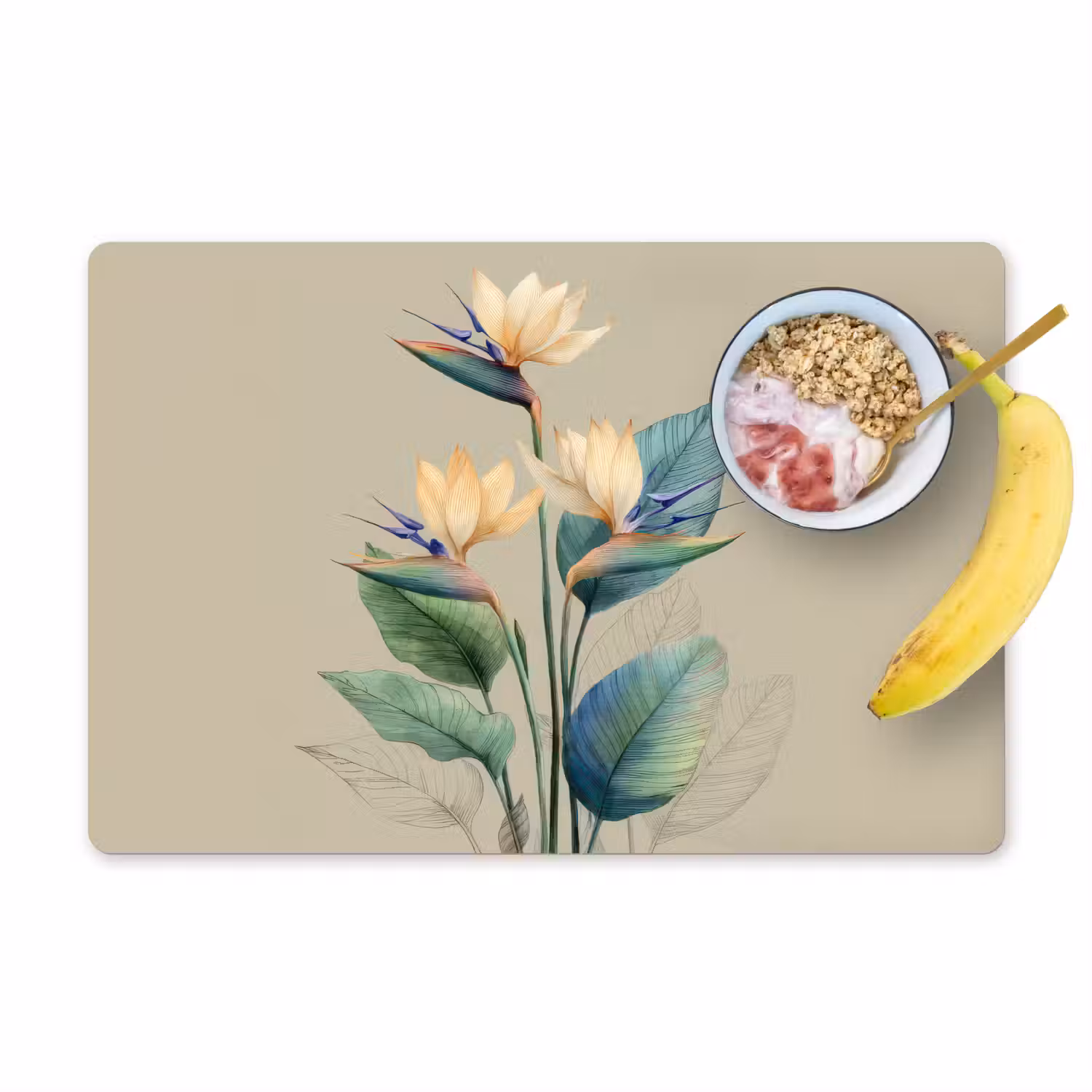 Paradijsvogelbloemen - Blauwgroene bladeren - Beige Placemat vinyl groot -zzzproduct_Kitchenyeah-website