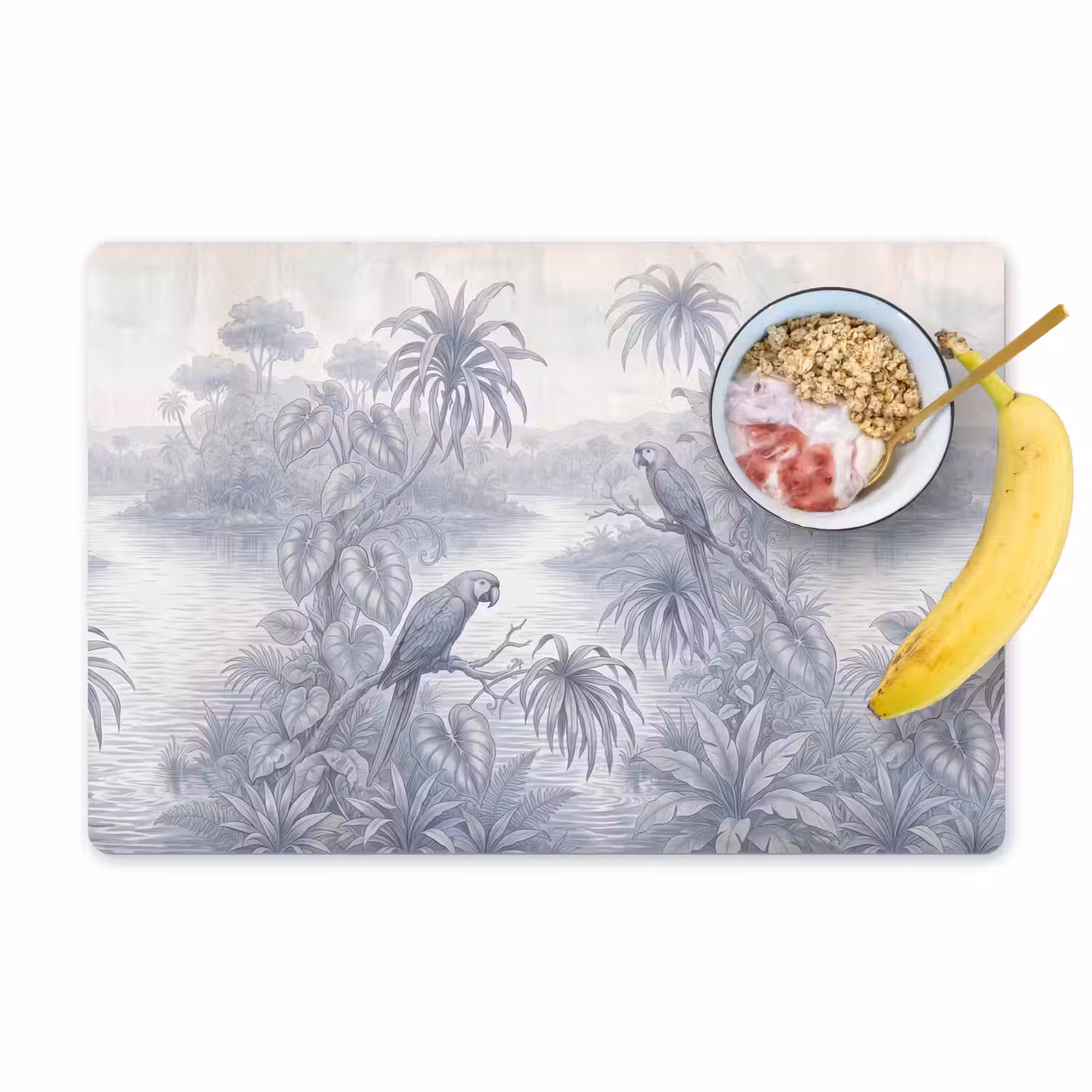 Vogel - Rivier - Tropisch - Illustratie - Blauw Placemat vinyl groot -zzzproduct_Kitchenyeah-website