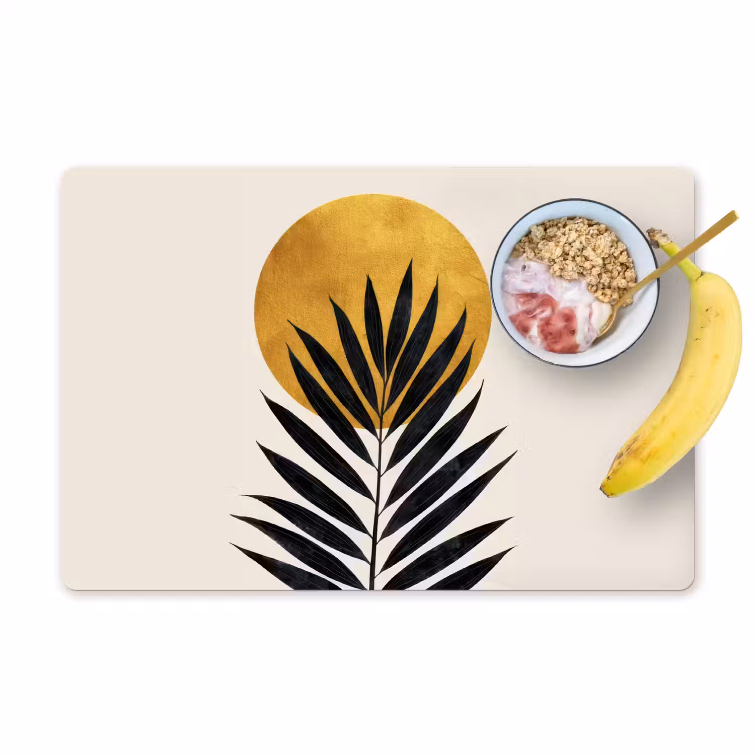 Zwart palmblad - Gouden cirkel - Beige achtergrond Placemat vinyl groot -zzzproduct_Kitchenyeah-website