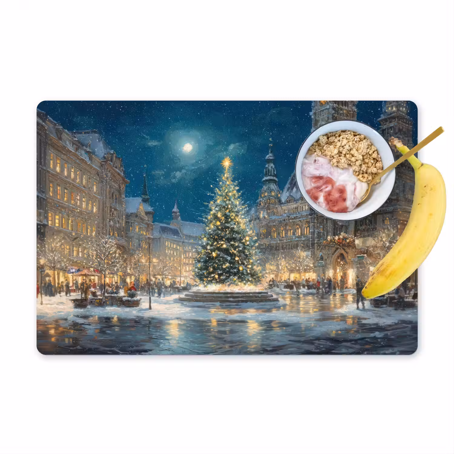 Kerstnacht - Stadsplein - Meerkleurig Placemat vinyl groot -zzzproduct_Kitchenyeah-website