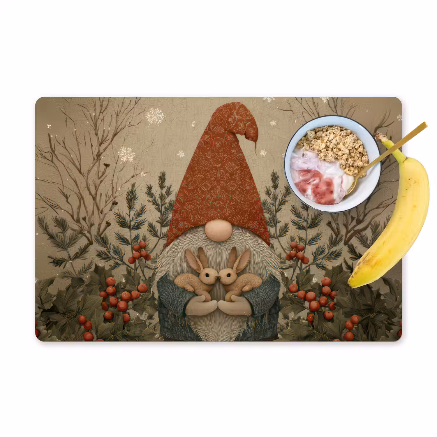 Kerstgnome - Konijntjes - Kleurrijk Placemat vinyl groot -zzzproduct_Kitchenyeah-website