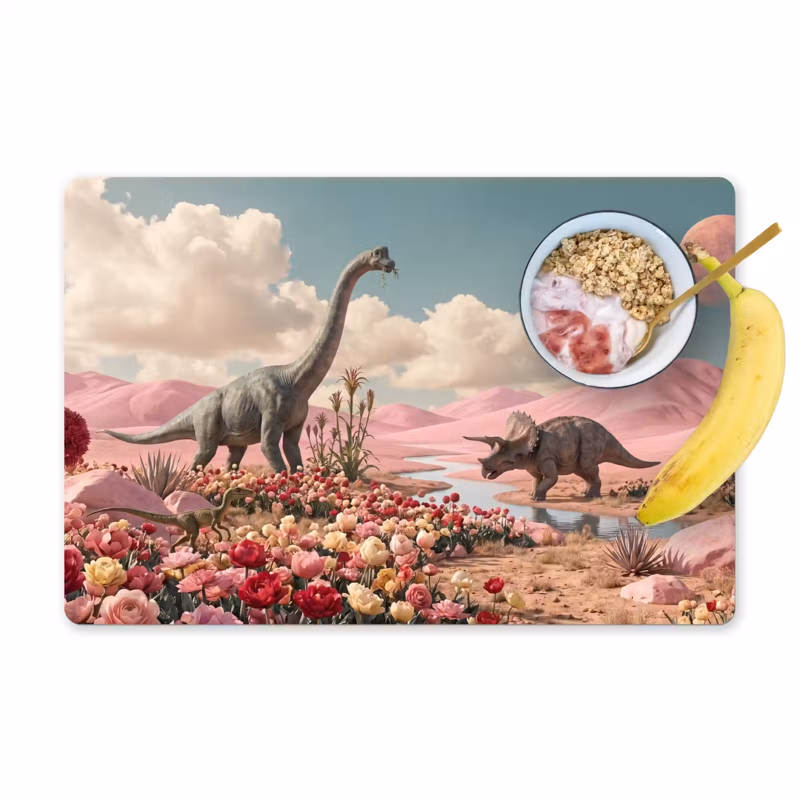 Placemat - 6 pieces - Dinosaur - Pink - Landscape - Dinosaurus - Roze - Landschap Placemat vinyl groot