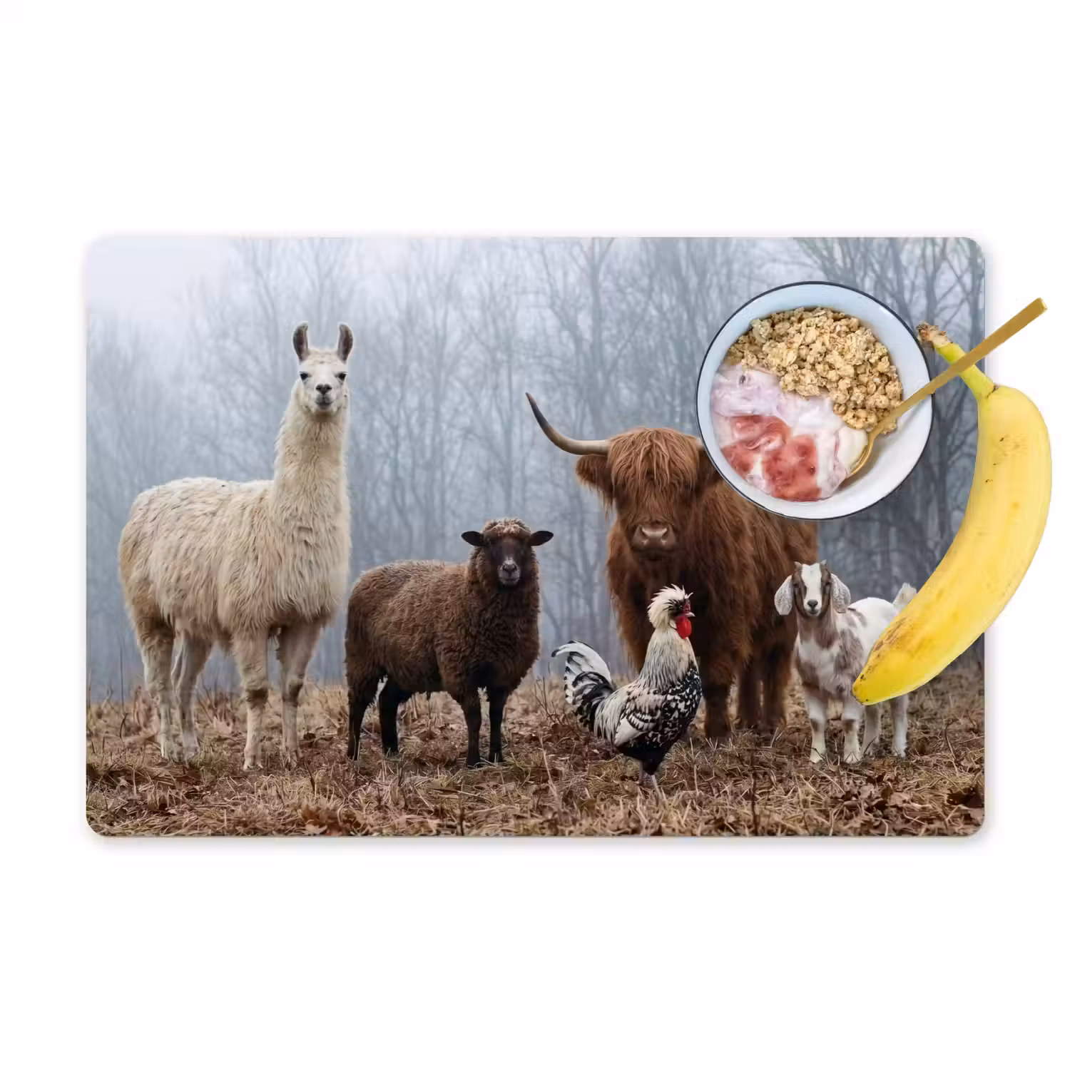 Boerderijdieren - Groep - Mist - Natuur - Rustiek Placemat vinyl groot -zzzproduct_Kitchenyeah-website