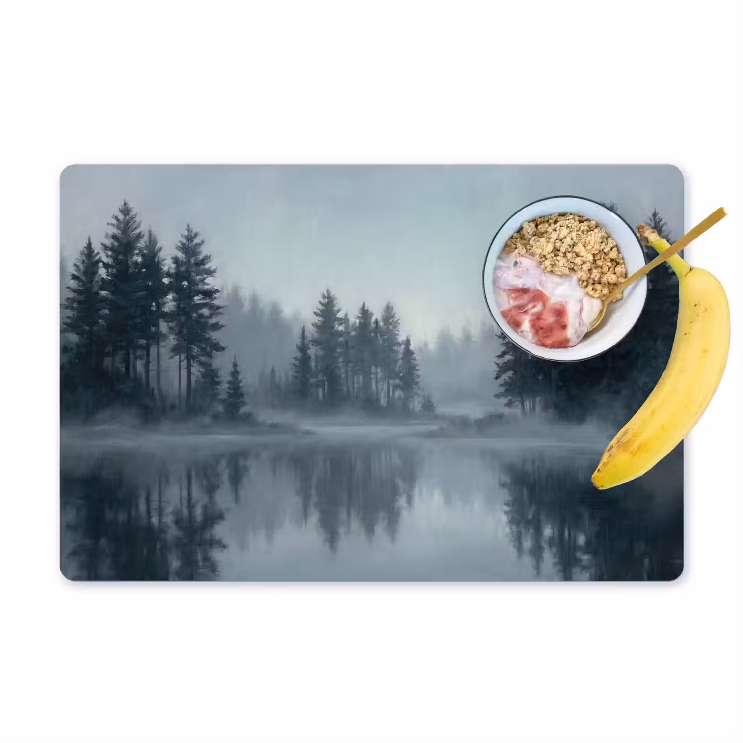 Bos - Meer - Mist - Natuur - Grijs Placemat vinyl groot -zzzproduct_Kitchenyeah-website