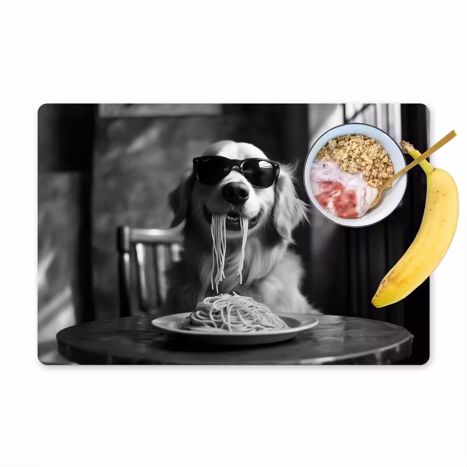 Golden Retriever - Hond - Vrolijk - Bord spaghetti - Zwart - wit Placemat vinyl groot -zzzproduct_Kitchenyeah-website