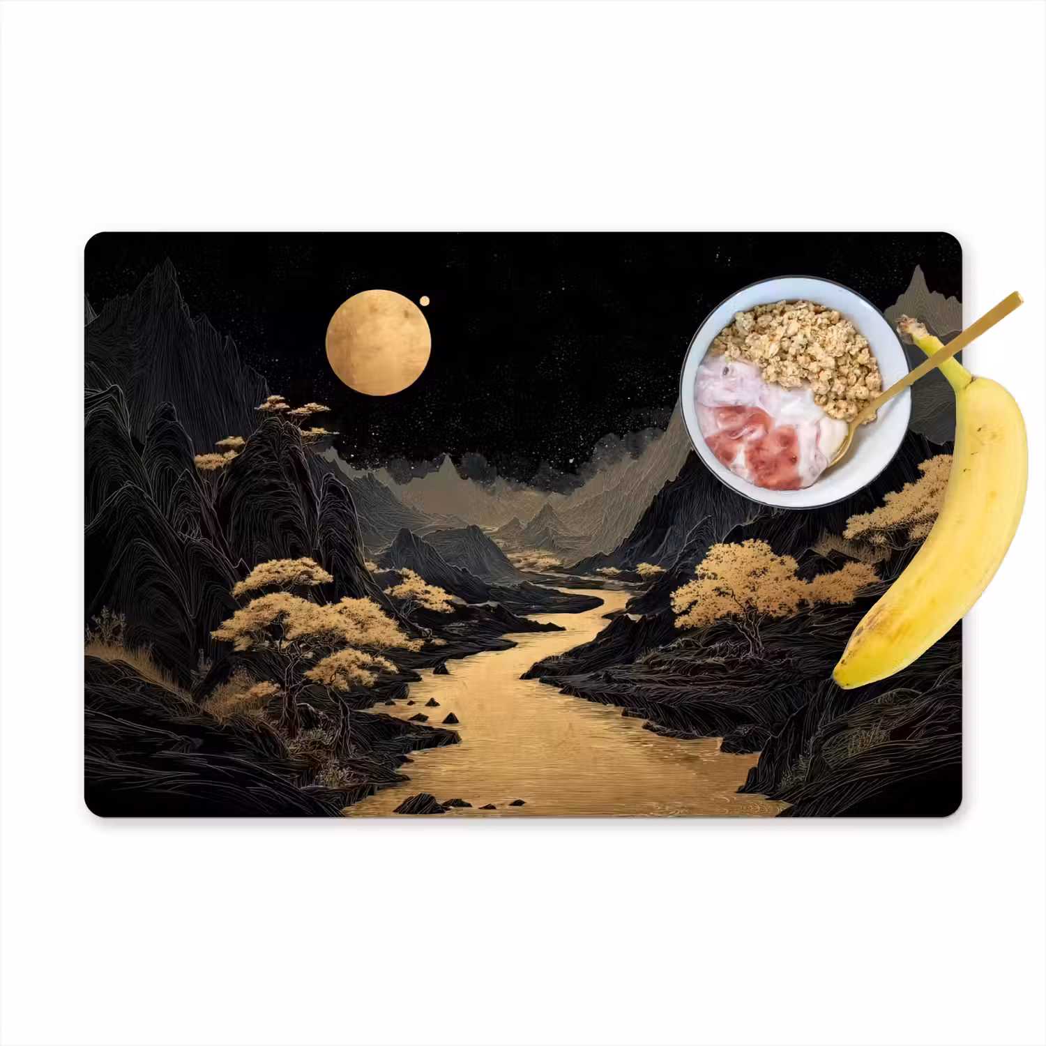 Gouden rivier - Bergen - Maan - Sterrenhemel Placemat vinyl groot -zzzproduct_Kitchenyeah-website