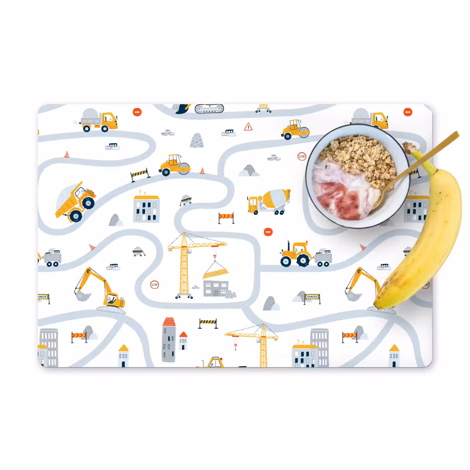 Kinderen - Bouwplaats - Hijskraan - Tractor - Patronen Placemat vinyl groot -zzzproduct_Kitchenyeah-website