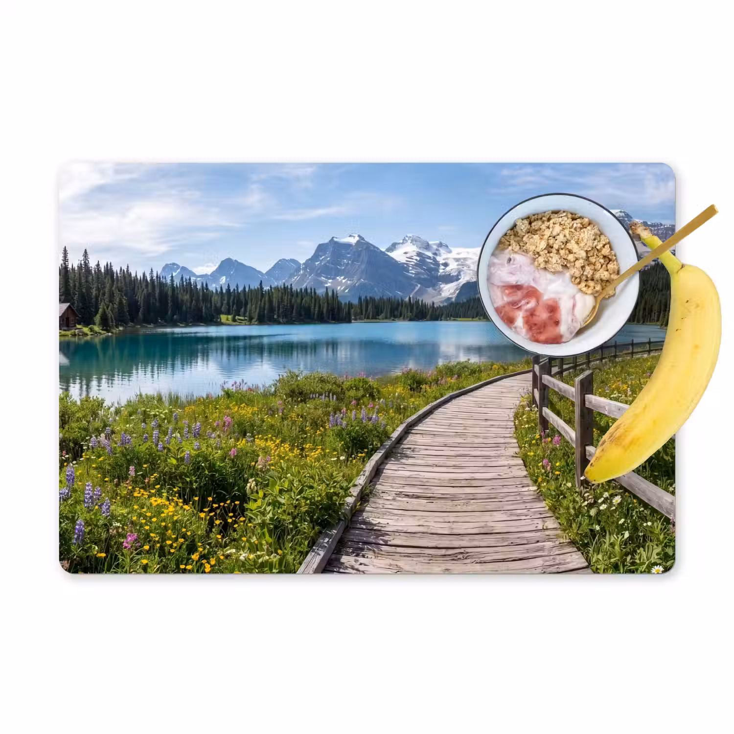 Bergen - Meer - Landschap - Blauw Placemat vinyl groot -zzzproduct_Kitchenyeah-website