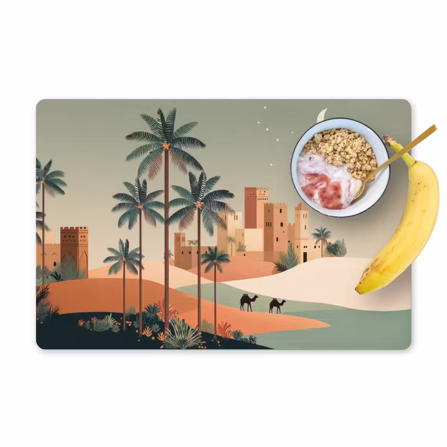 Nachtlandschap - Kamelen - Sterren - zandduinden Placemat vinyl groot -zzzproduct_Kitchenyeah-website