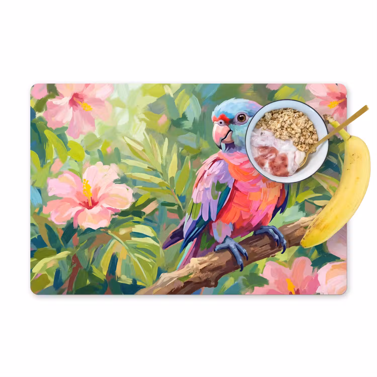Papagaai - Hibiscusbloemen - Kleurrijk Placemat vinyl groot -zzzproduct_Kitchenyeah-website